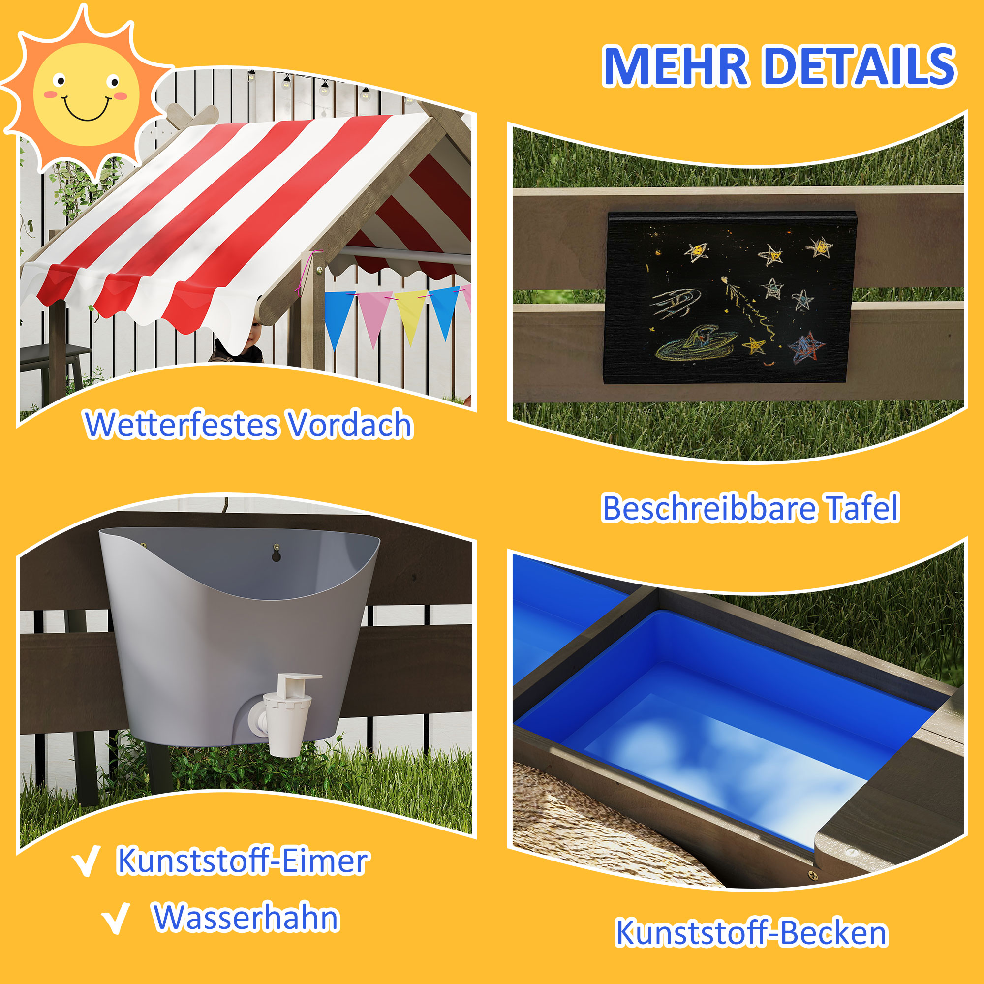 Sandkasten mit Sonnenschutz, Spielhaus-Design, mit Spielzeug-Set, behandeltes Massivholz, 124 x 116 x 146 cm, Grau