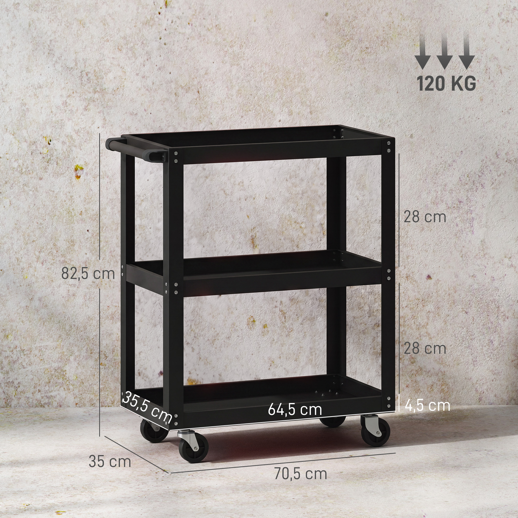 Werkstattwagen mit 3 Ablagen und Seitenhalter, 4 Rollen, 70,5 x 35 x 82,5 cm, Schwarz