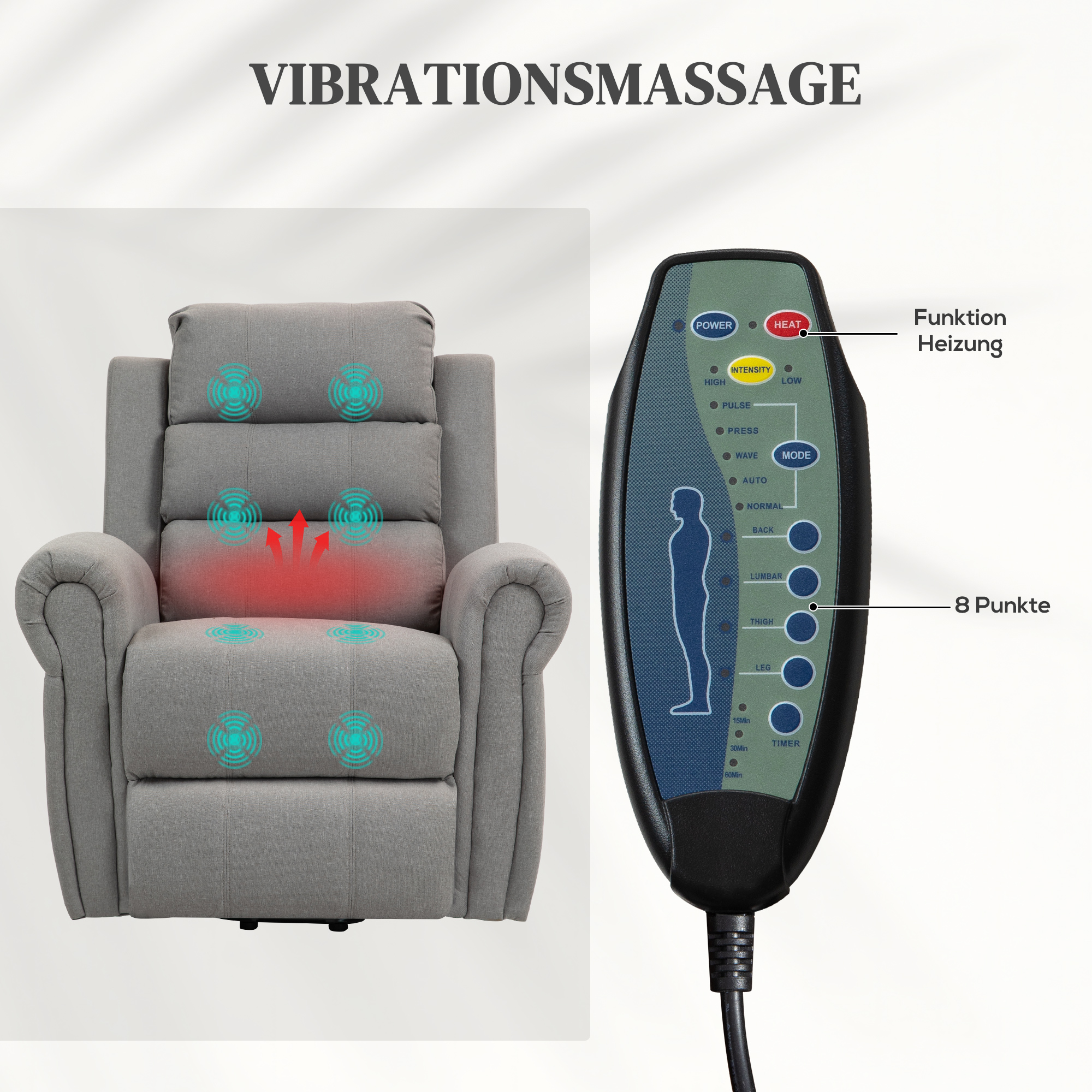 Relaxsessel mit Aufstehhilfe, 8 Massagepunkte, beheizbare Rückenlehne, Leinenoptik, Hellgrau
