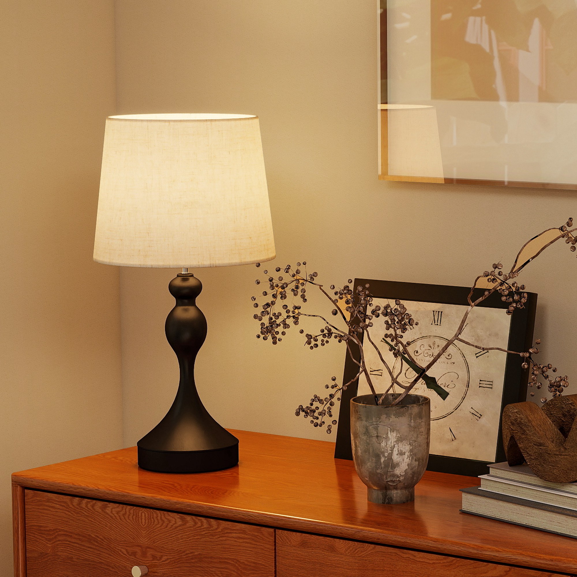 Tischlampe LED Tischleuchte mit 3 Farbtemperaturen, Nachttischlampe mit USB A+C Ladeanschlüssen, Leinenschirm, Schwarz