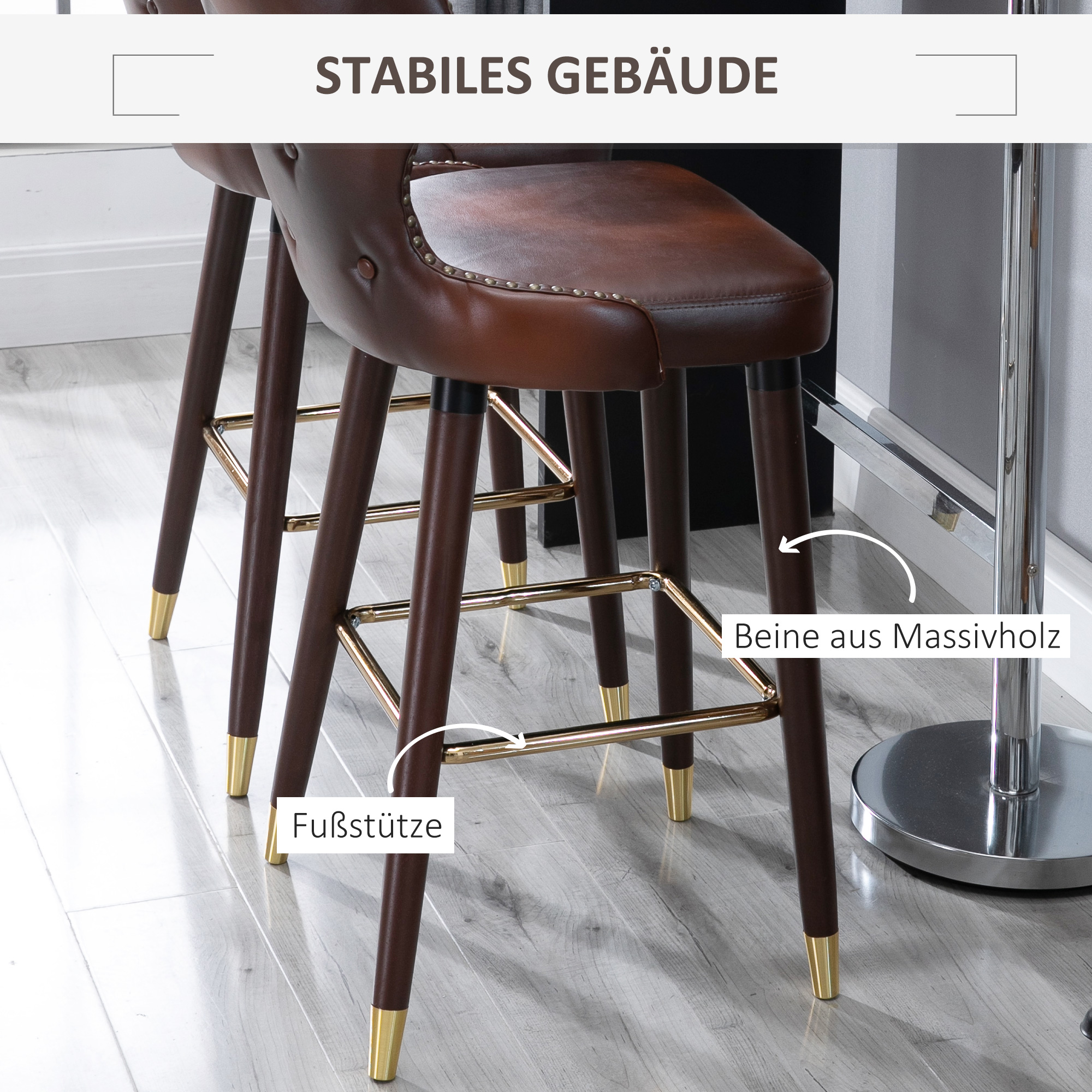 2er-Set Barhocker mit Fußstütze, Barstuhl mit Rückenlehne, Bistrohocker, Esszimmerstuhl, Tresenhocker, Kunstleder, Braun, 52 x 53 x 101 cm