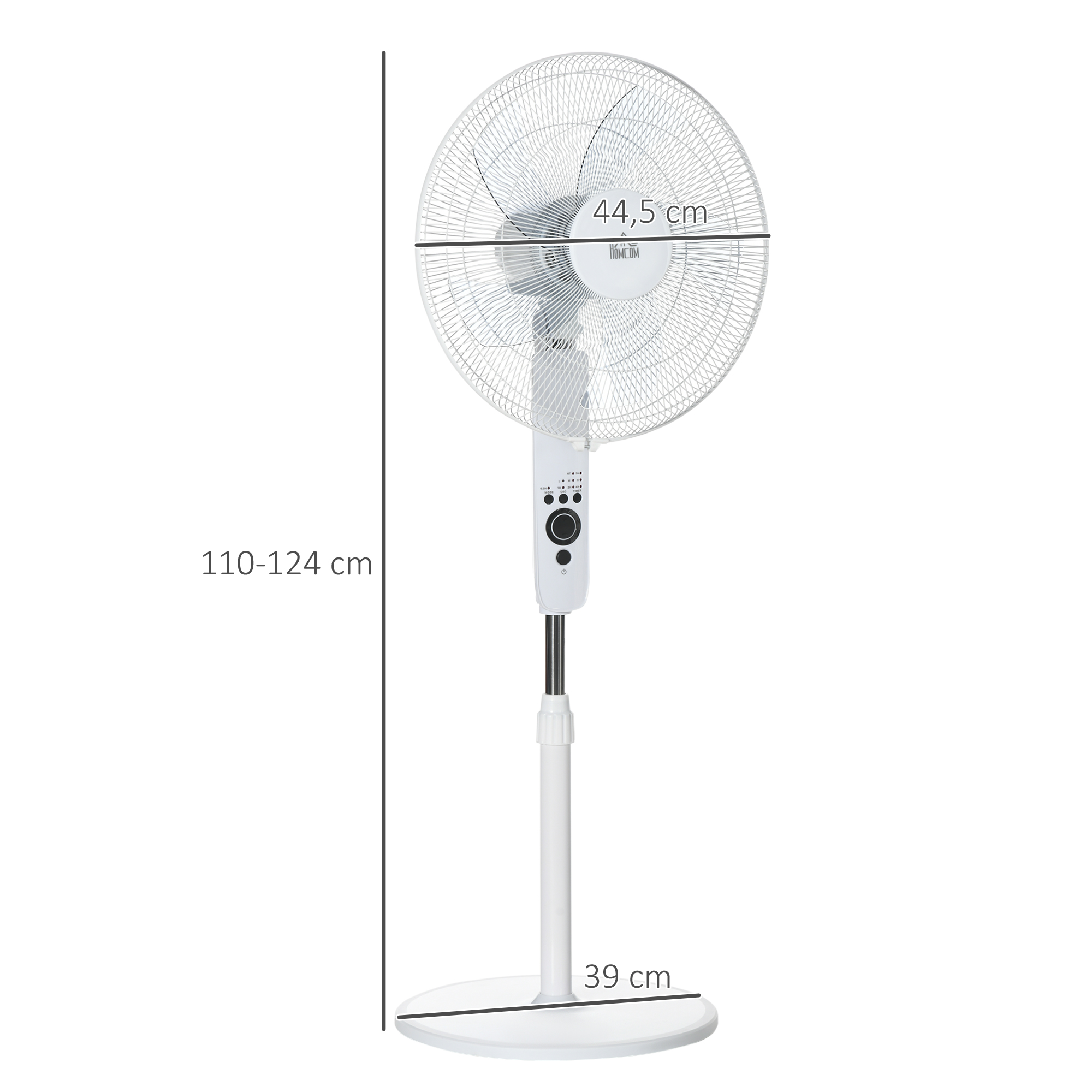 Standventilator Lüfter Fernbedienung Höhenverstellbar 3 Geschwindigkeitsstufen Metall, Weiß, Ø44,5 x H110-124 cm