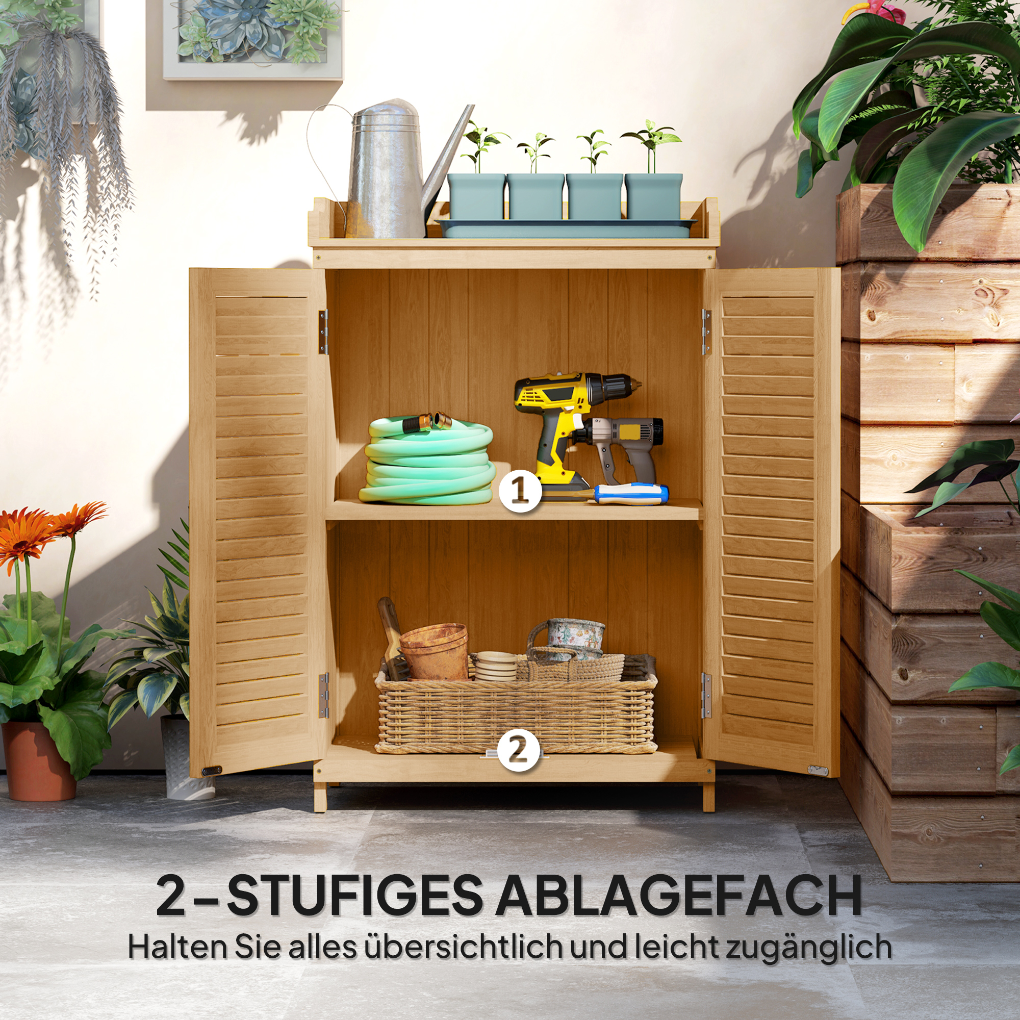 Gartenschrank Holz, Geräteschuppen mit Arbeitsfläche, wetterfest Geräteschrank, 65,5x40x98,5cm Gelb