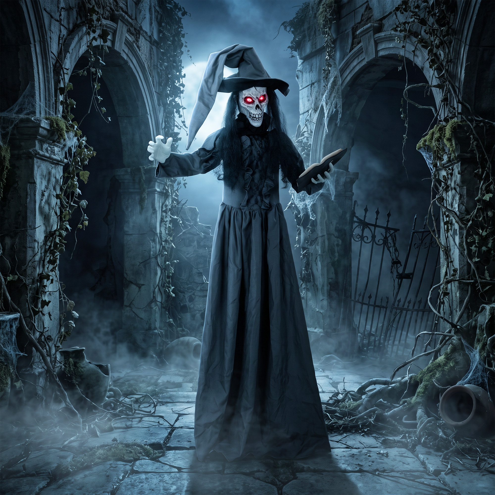 180 cm Halloween Animierte Hexe Dekoration Lebensgroß mit leuchtenden Augen, Gruseliger Sound, Berührungsaktivierung