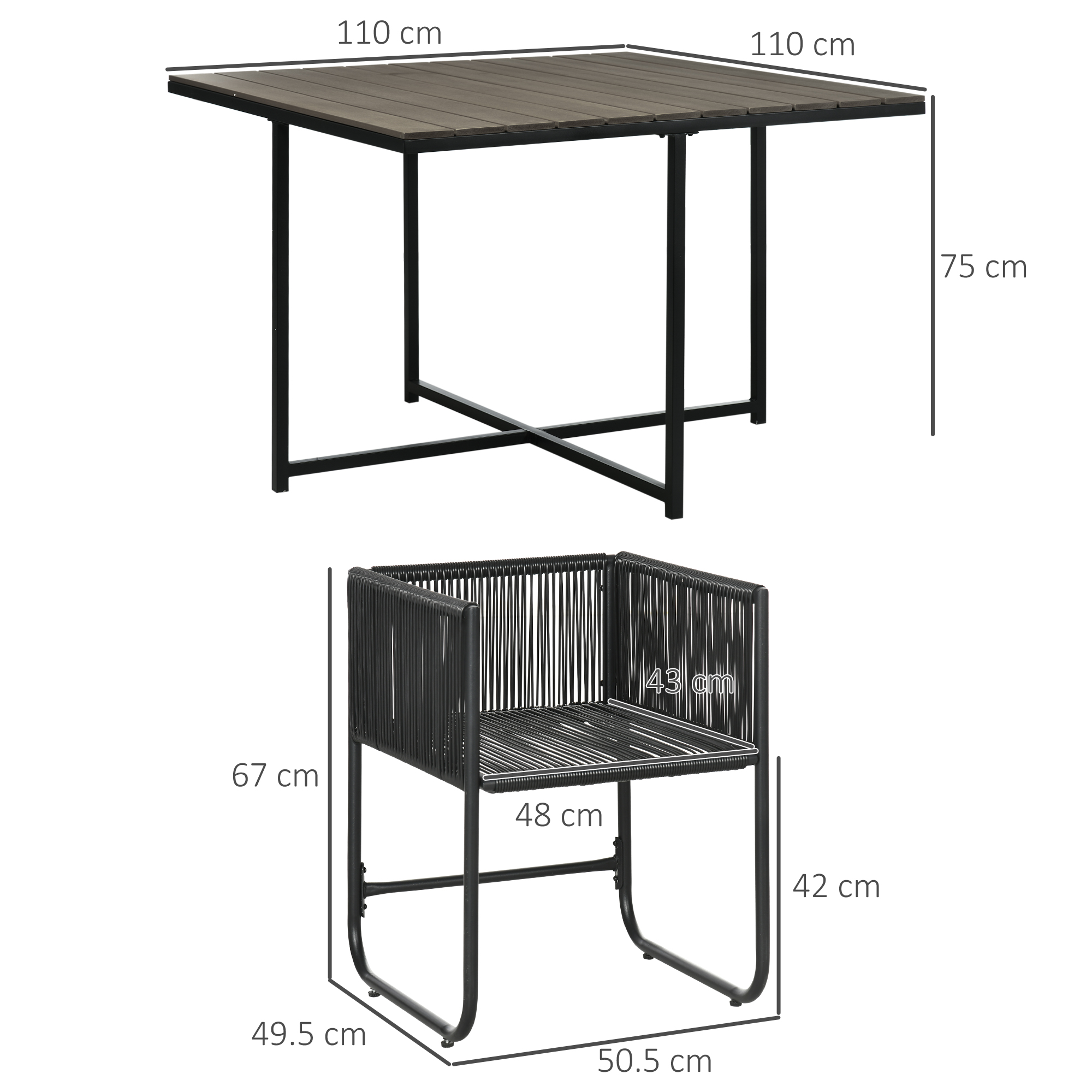 Outdoor Essgruppe, Gartengarnitur, 5-teilig, Polyrattan, Sitzkissen, wetterfest, Schwarz/Grau