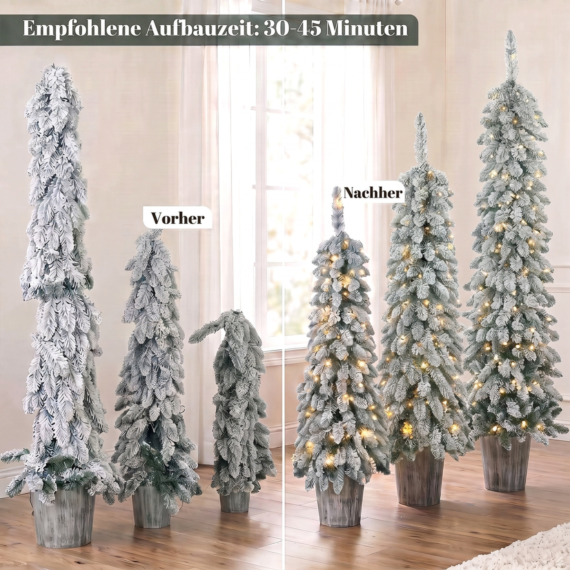 3er-Set beschneite künstliche Weihnachtsbäume, vorbeleuchtet mit PVC-Zweigspitzen und warmweißen LED-Lichtern