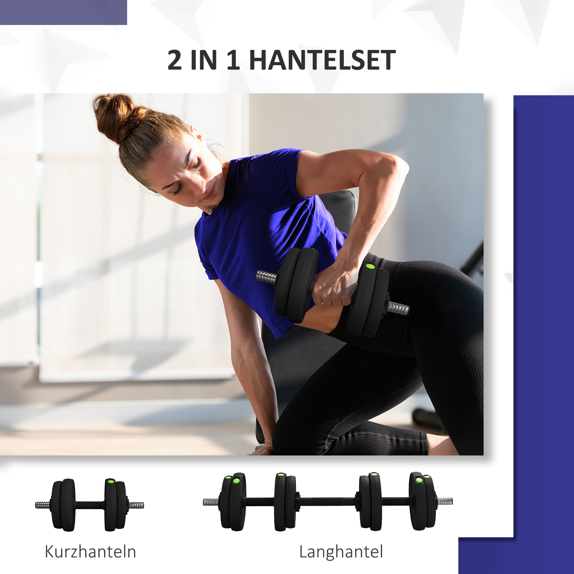 2-in-1 Hantel-Set, Lang- & Kurzhantel, 15 kg, rutschfest, bodenschonend, Schwarz/Grün