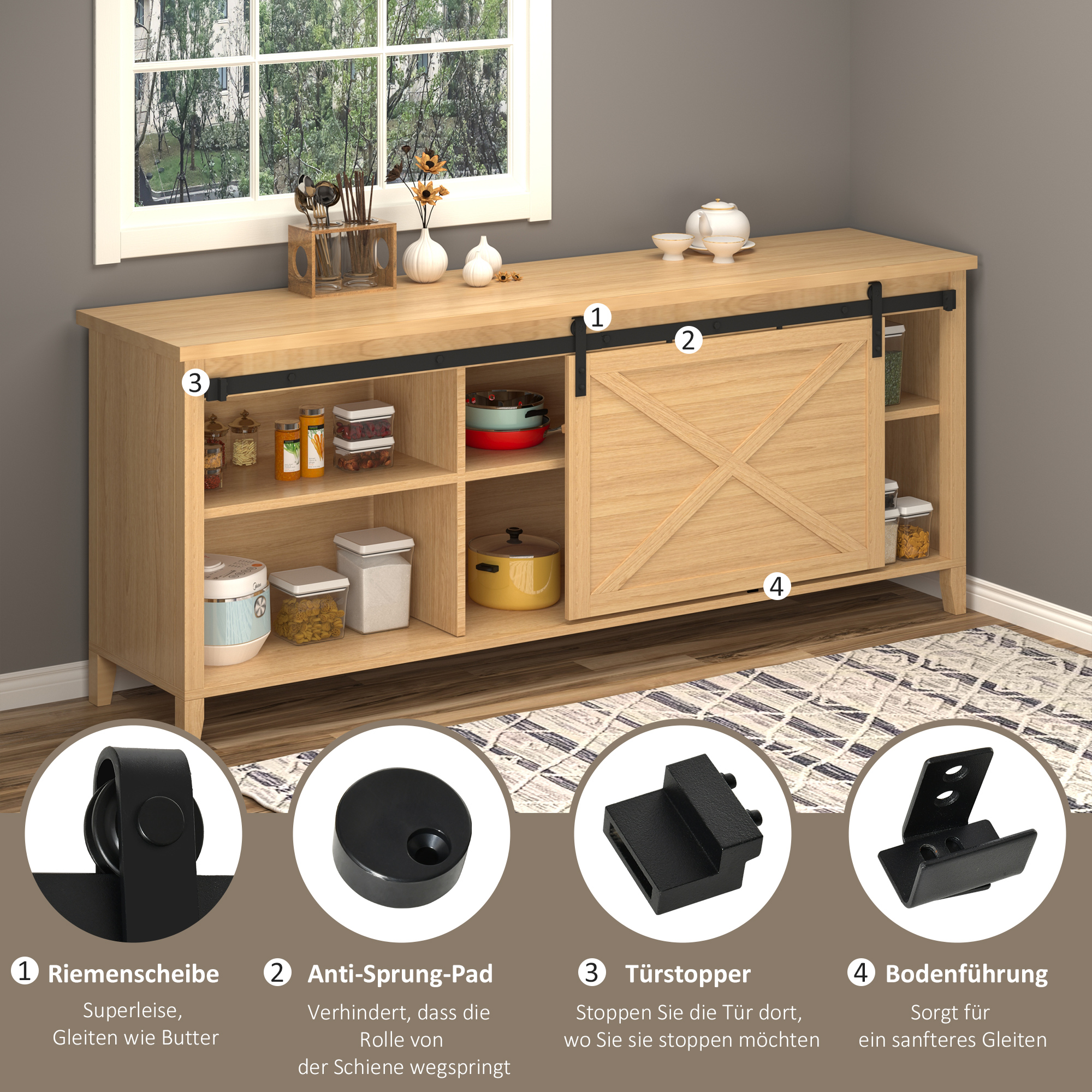 183 cm Schiebetür Komplettset Schiebetürbeschlag mit Bodenführung, Schiebetür Laufschiene, Laufrollen Schiebetürsystem für Einzelholzschiebetür