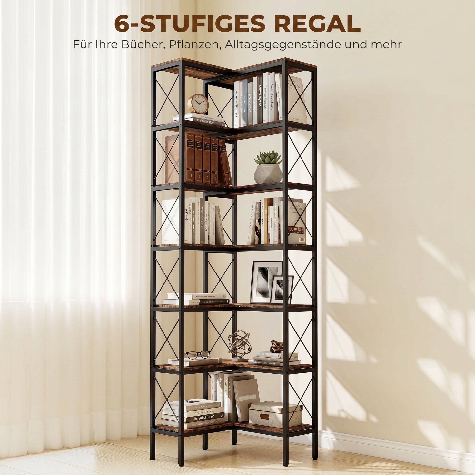 6-stufiges L-förmiges Bücherregal, freistehendes Eckregal mit Metallrahmen, rustikal braun, 60 x 60 x 200 cm