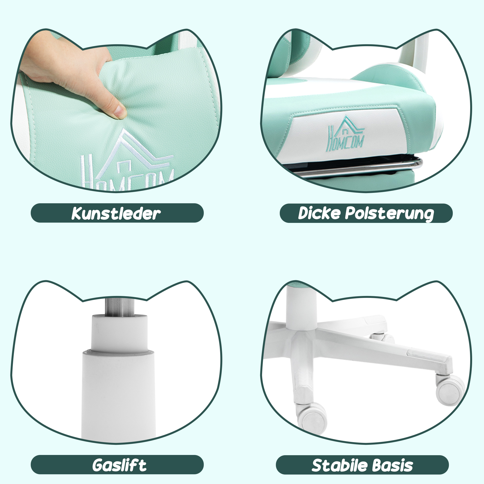 Gaming-Sessel mit Katzenohren, neigbare Lehne, ausziehbare Fußstütze, bis 120 kg belastbar, Seeblau