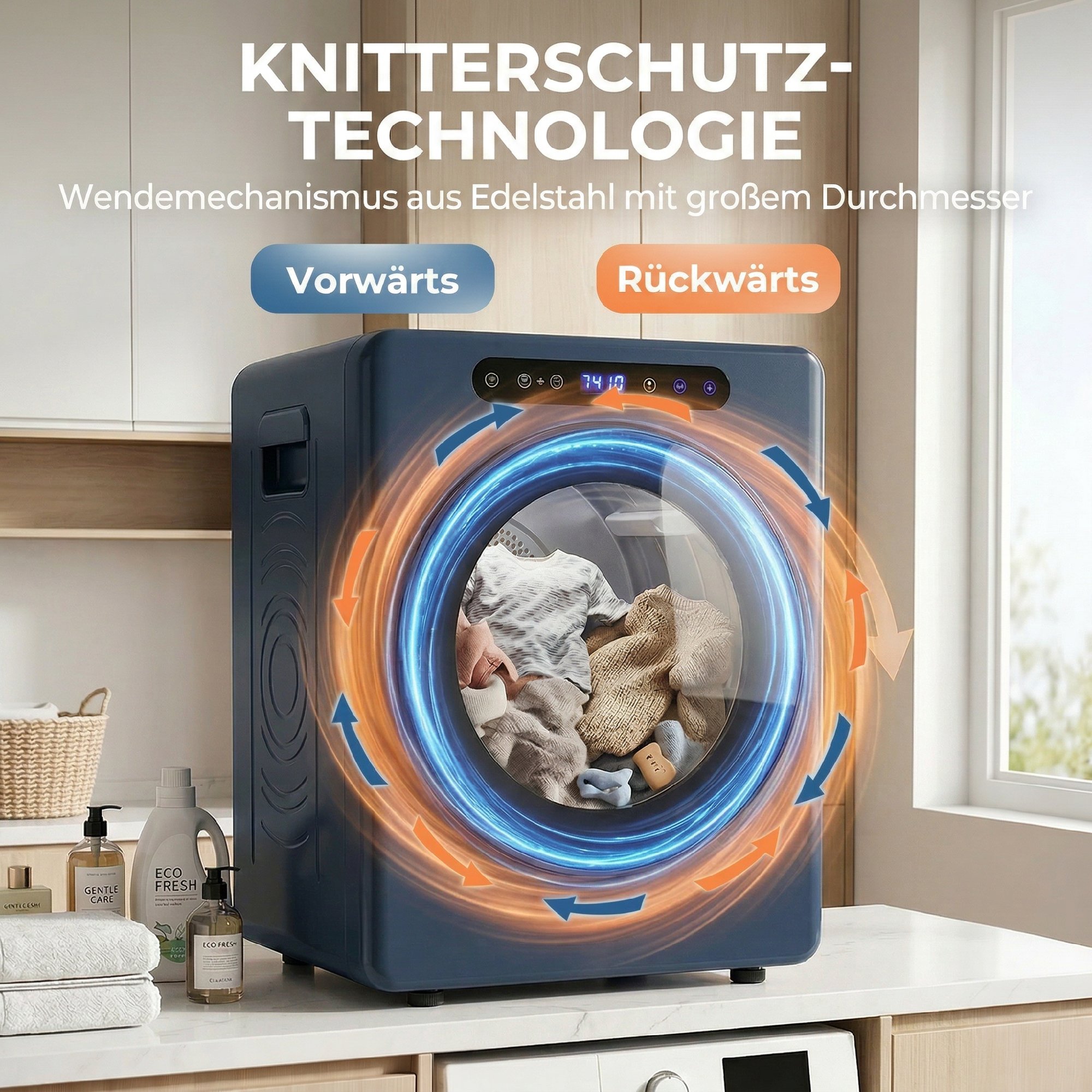 5kg Ablufttrockner, 1000W Kompakter freistehender Frontlader-Wäschetrockner mit Edelstahltrommel, Timer, Blau