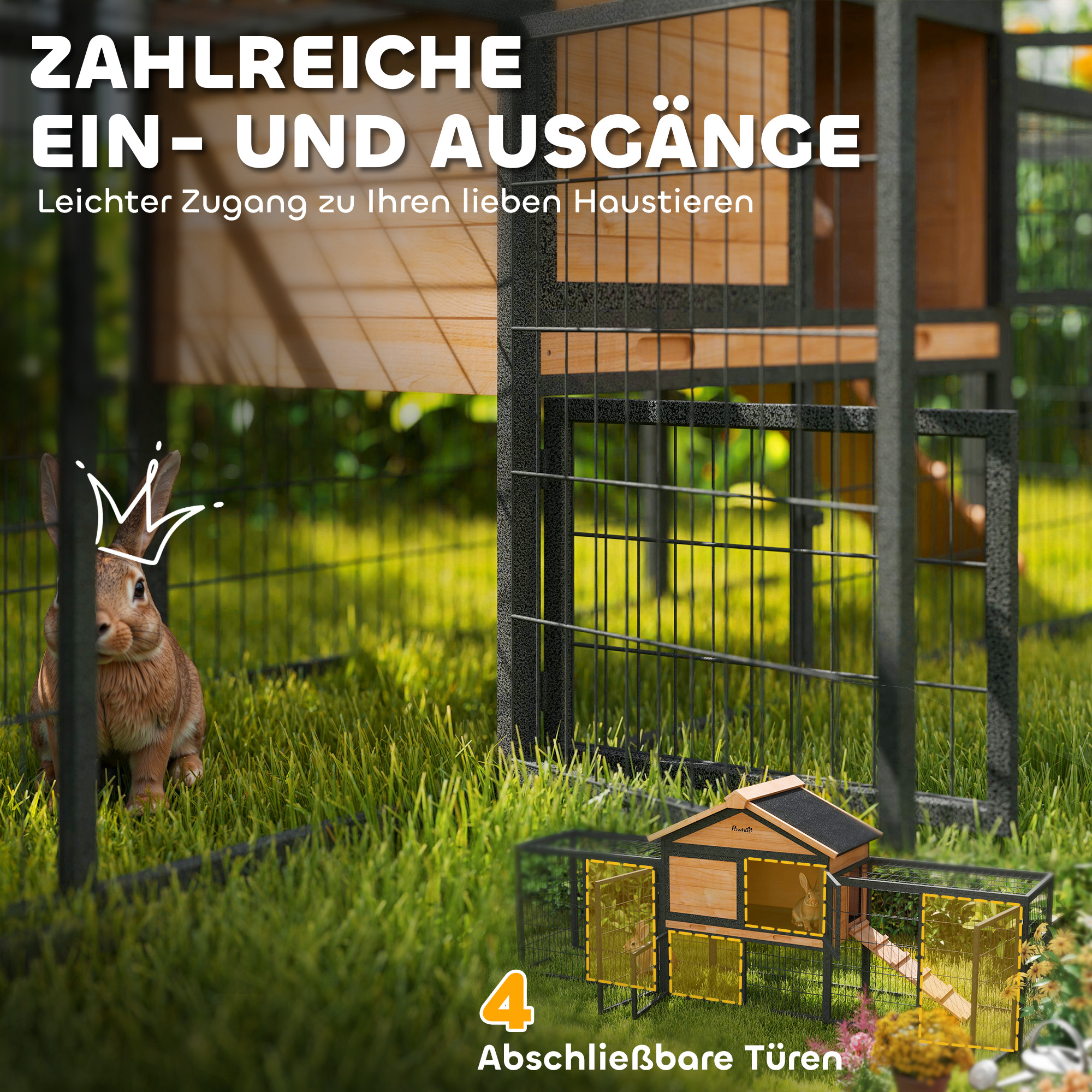 Hasenstall 2 Ebenen Kaninchenstall aus Vollholz Winterfest Doppelstockhaus mit Freilaufgehege 217x53x86 cm Gelb