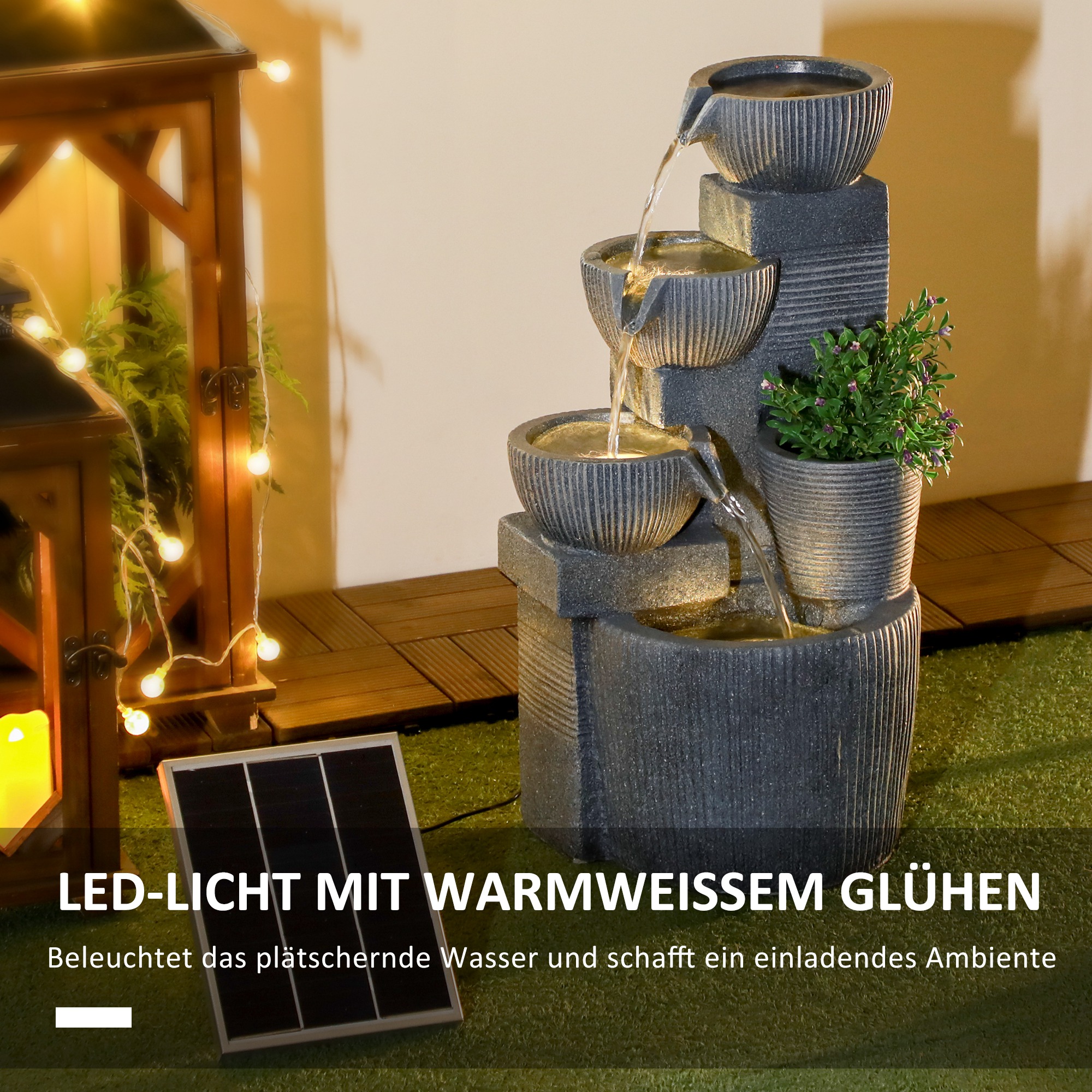 Gartenbrunnen, Naturoptik, 4-stufig, Solarbetrieb, LEDs, 57cm Höhe, Dunkelgrau