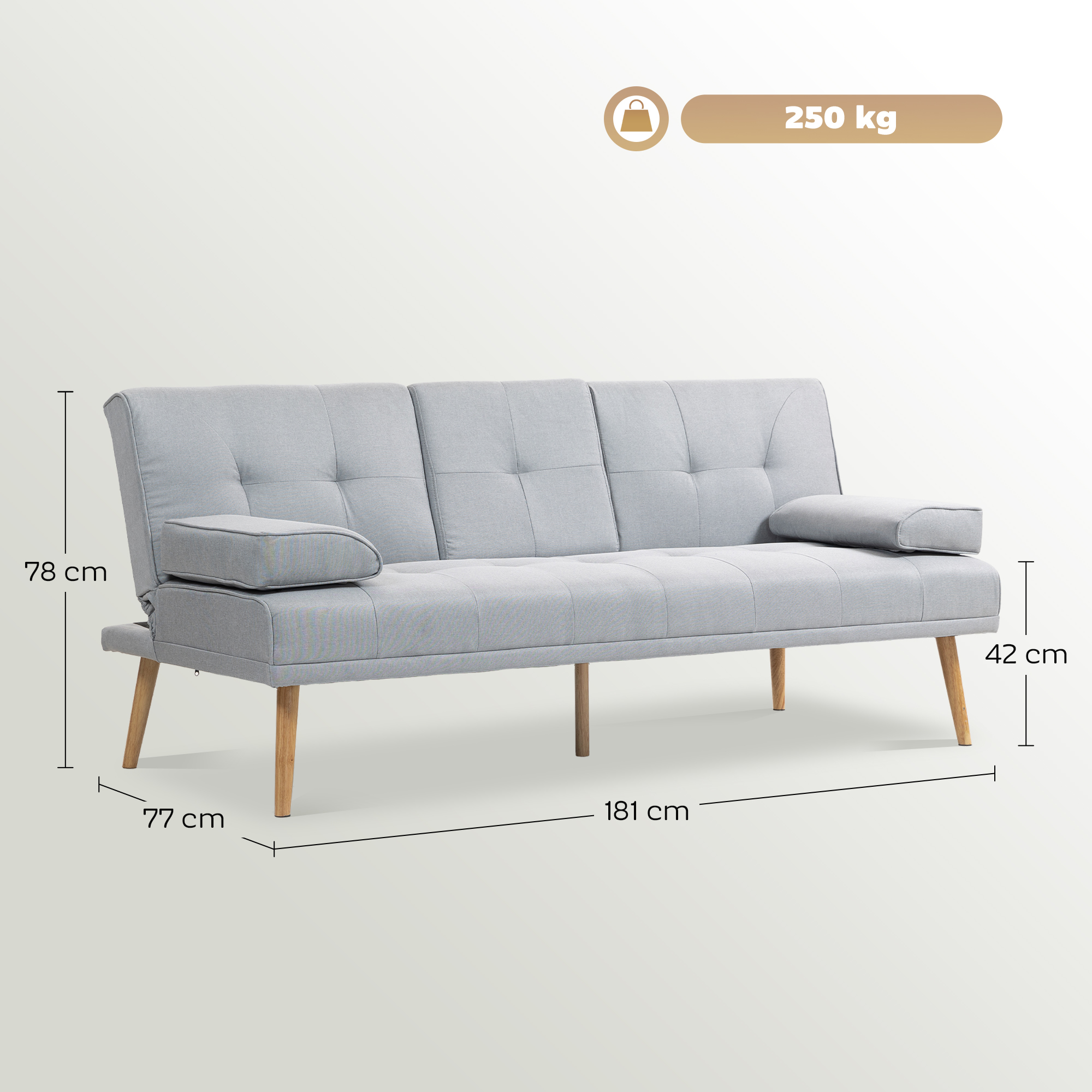 Schlafsofa, 3-Sitzer-Sofa, Bettsofa mit Klappbarem Tisch, Stoffsofa mit Leinenoptik, Schlafcouch mit Becherhalter, im Skandi-Design, bis 250 kg Belastbar, Hellgrau