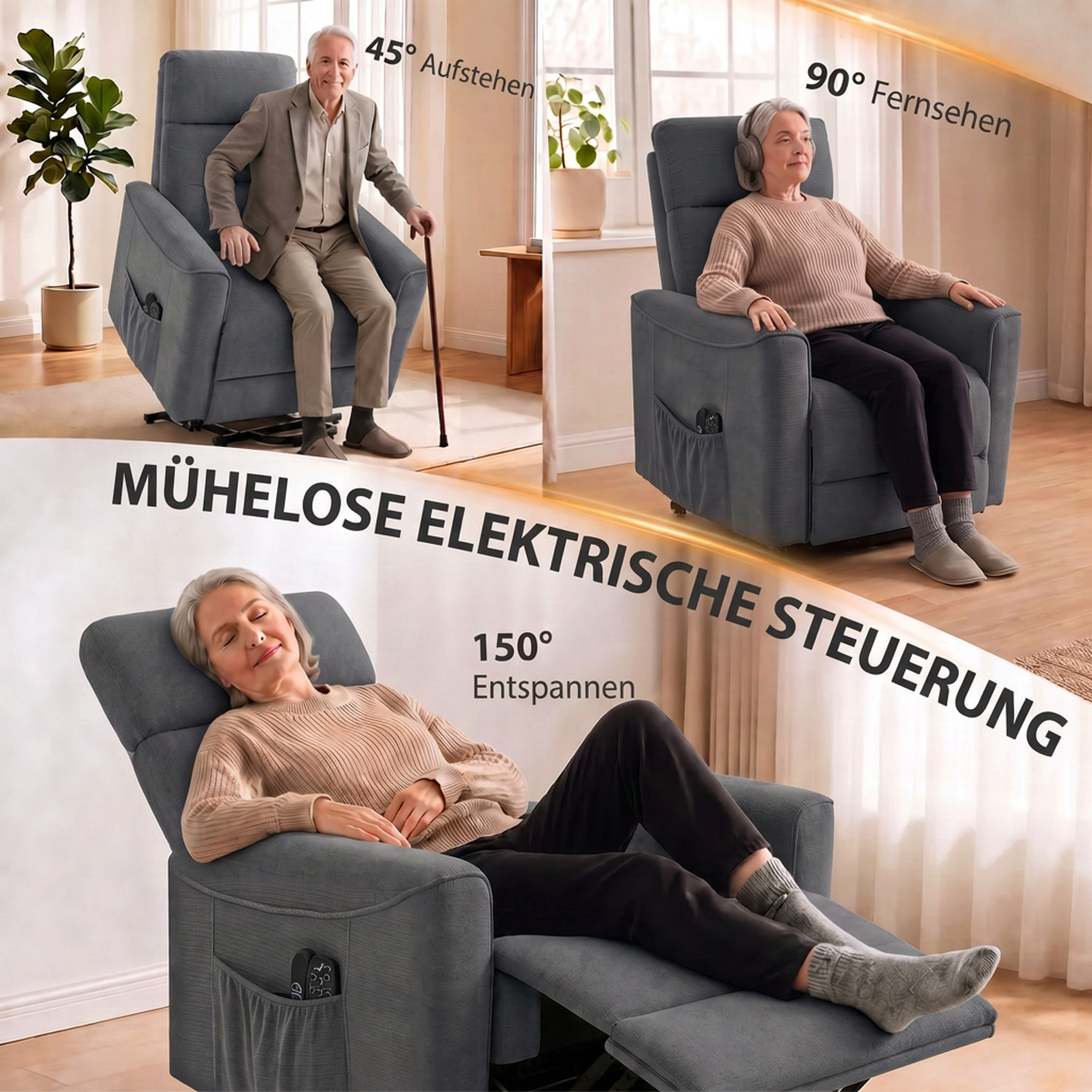 Relaxsessel mit elektrischer Aufstehhilfe, Massage & Wärme, Chenille-Sessel mit Federkern, Dunkelgrau