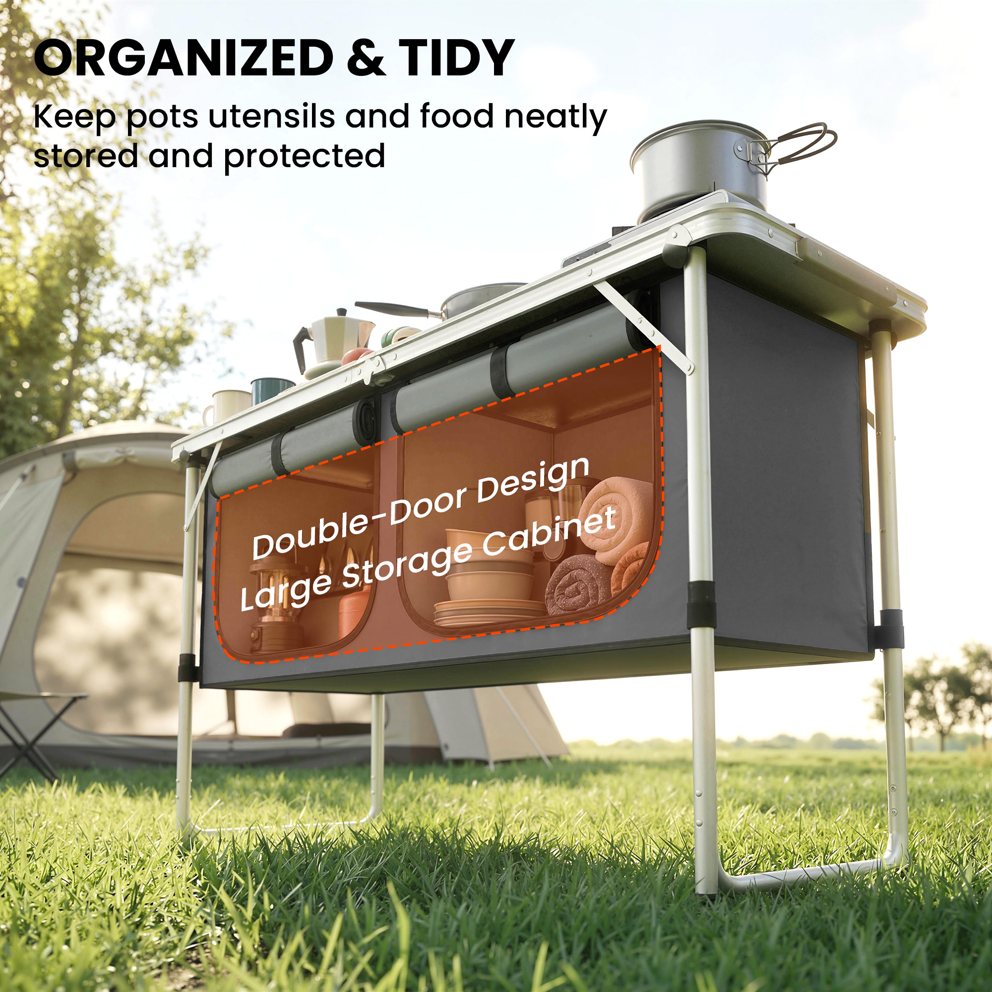 Camping Küche faltbar Campingschrank mit Aluminiumgestell Staufach Arbeitsplatte für Camping Reisen Silber