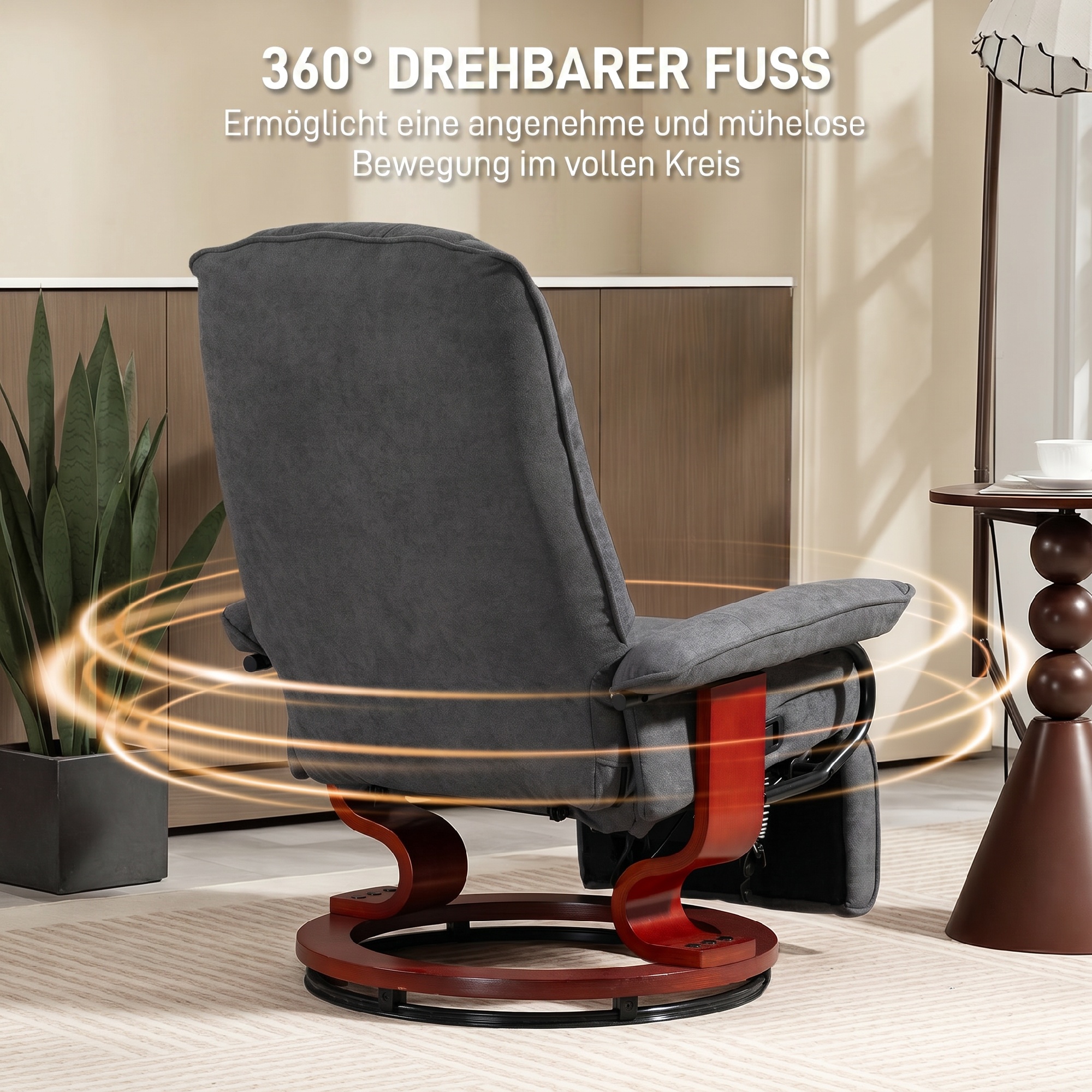 Drehbarer Relaxsessel, Leinenoptik, manuell verstellbarer Sessel mit Holzfuß, Fußstütze, hohe Rückenlehne, Grau