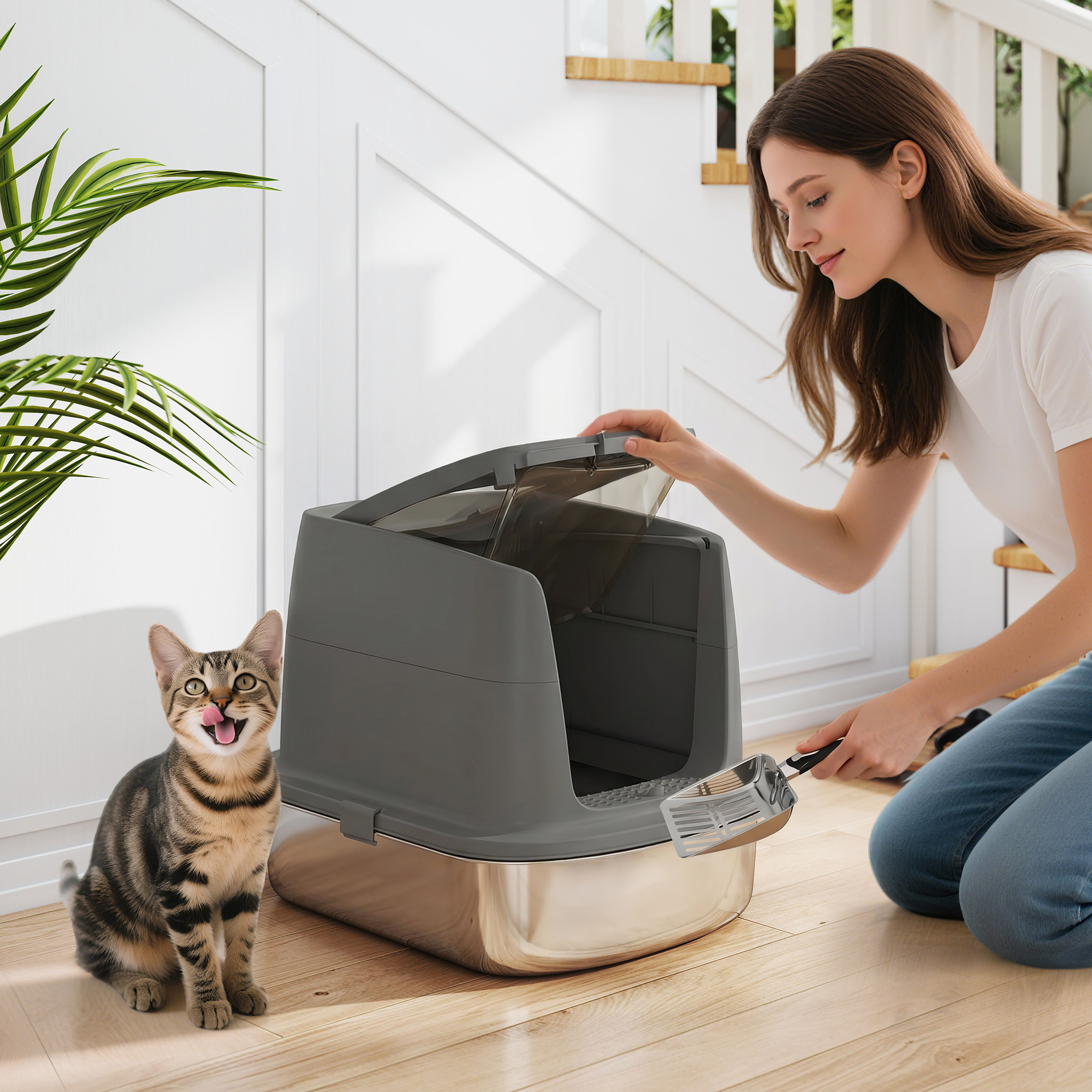 Katzentoilette aus Edelstahl, geschlossene Katzenstreuschale mit Metallschaufel und Deobeutel, dunkelgrau