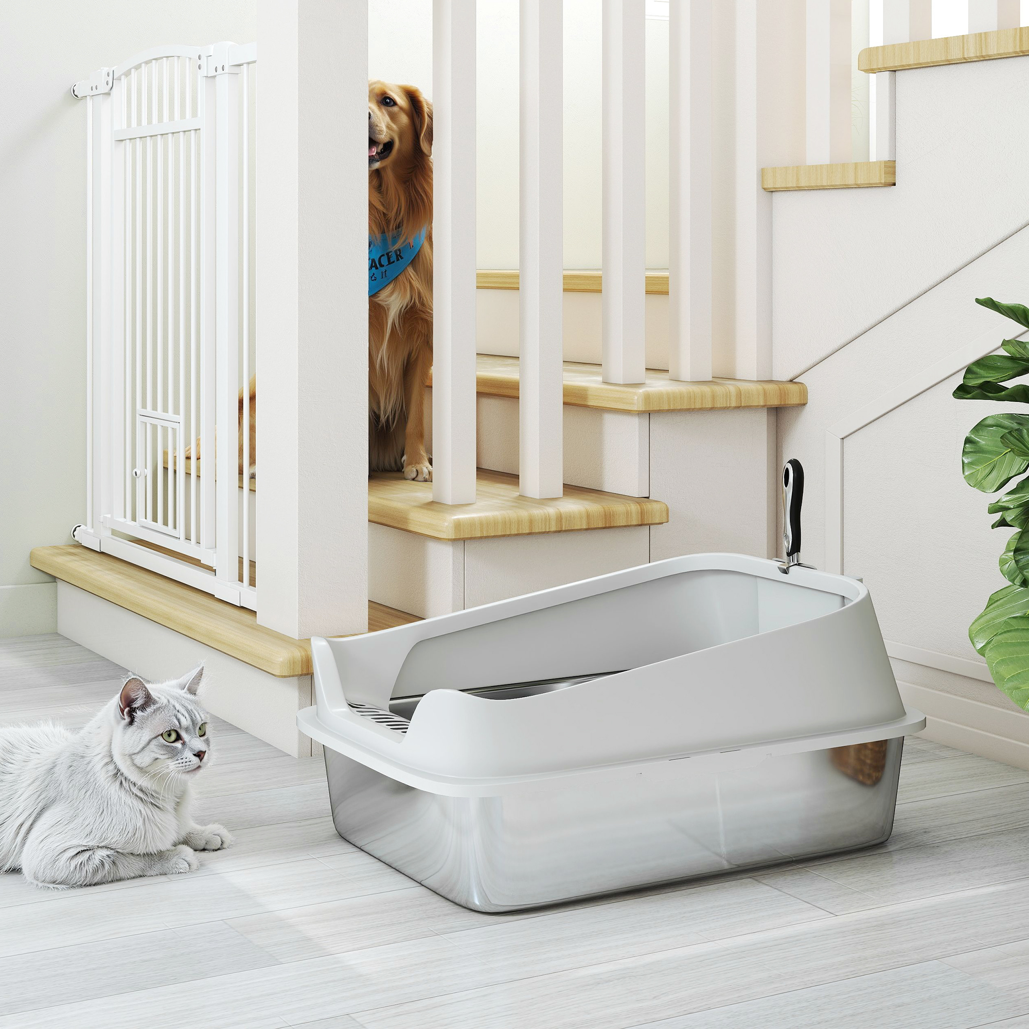 Katzentoilette Edelstahl Offene Katzenklo mit Schaufel hohem Rand für große Katzen bis 7 kg, 60,2 x 40,2 x 29,7 cm, Grau