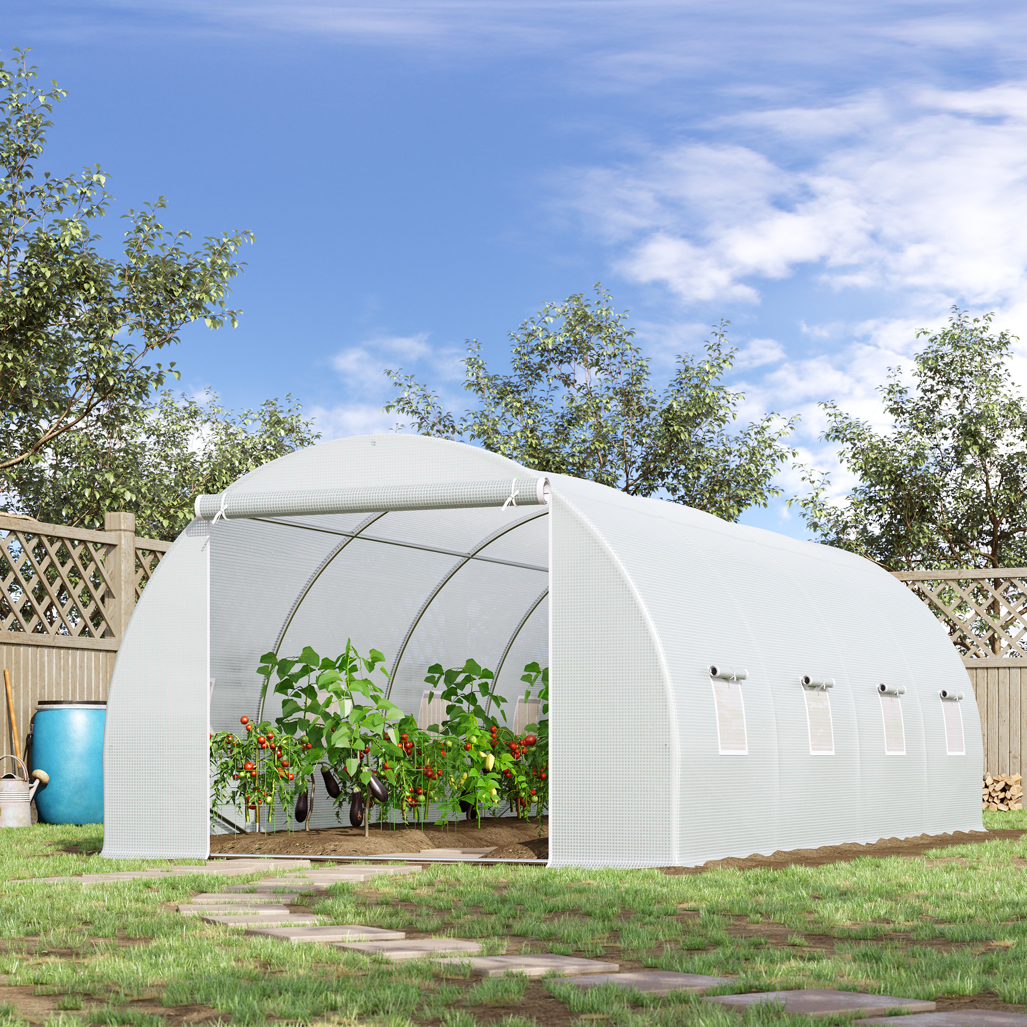 Gewächshaus 595x300x200cm Foliengewächshaus Tomatenhaus mit Tür, Fenster, Folientunnel aus verzinktem Stahl, Pflanztunnel, Treibhaus inkl. Erdanker Seilen, Gartentunnel, Weiß