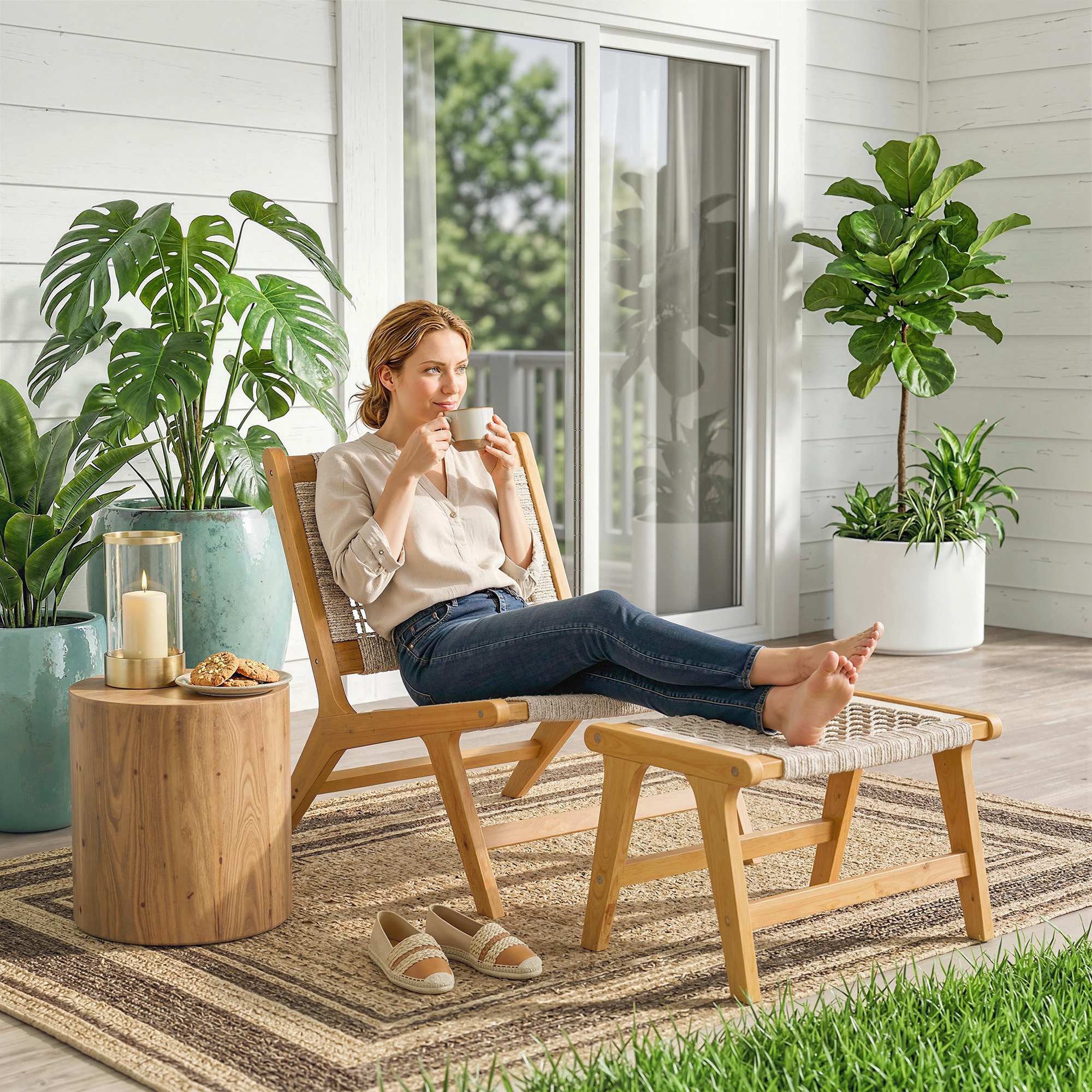 Gartensessel mit Hocker 2-teilig FSC Akazienholz Outdoor Loungesessel mit Rattan-Sitz Boho-Stil verstellbare Füße