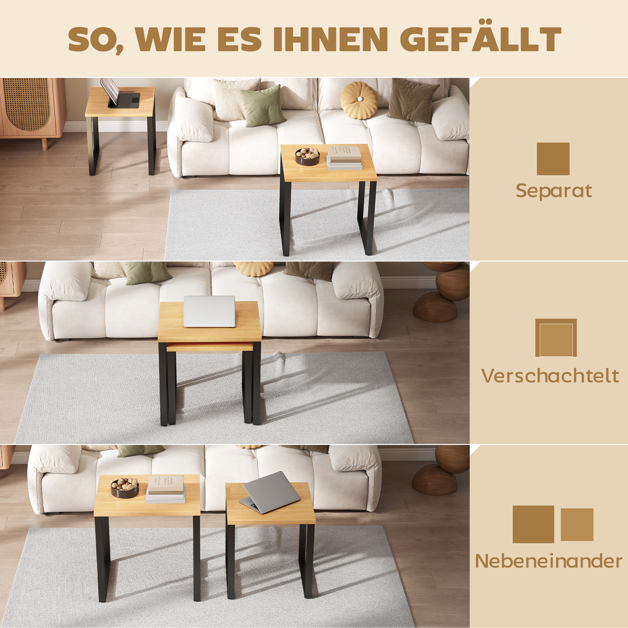 Couchtisch 2er Set Wohnzimmertisch mit Metallrahmen für Wohnzimmer Natur