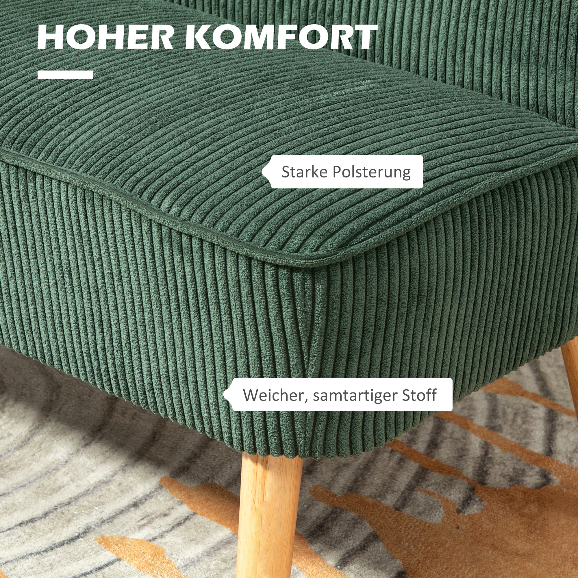 2-Sitzer Polstersofa, Holz, Samtartiges Polyester, Schaumstoff, 117 x 56,5 x 77 cm, Grün