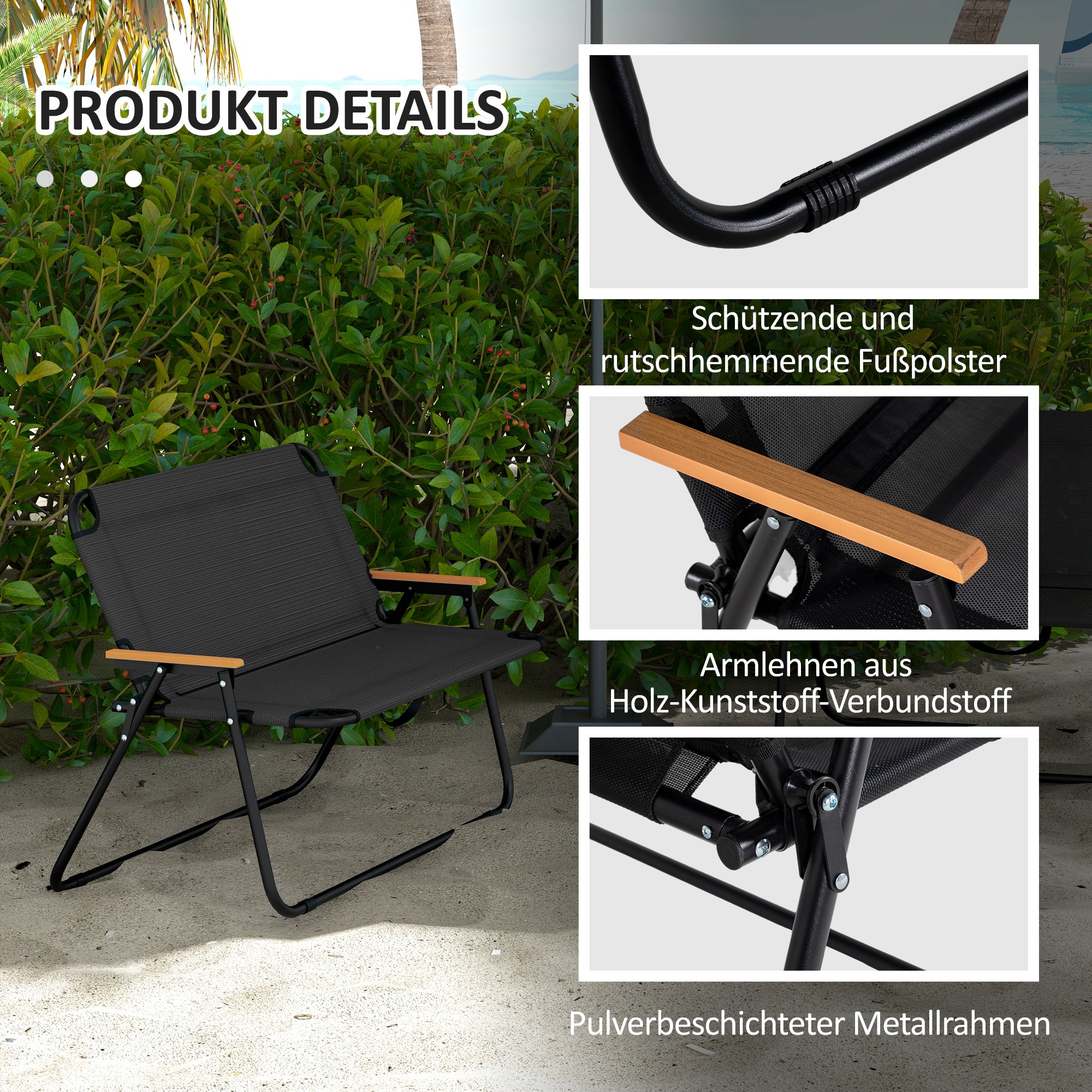 Klappstuhl, atmungsaktiv, Holz-Kunststoff-Armlehnen, 108x65x73cm, Schwarz-Natur