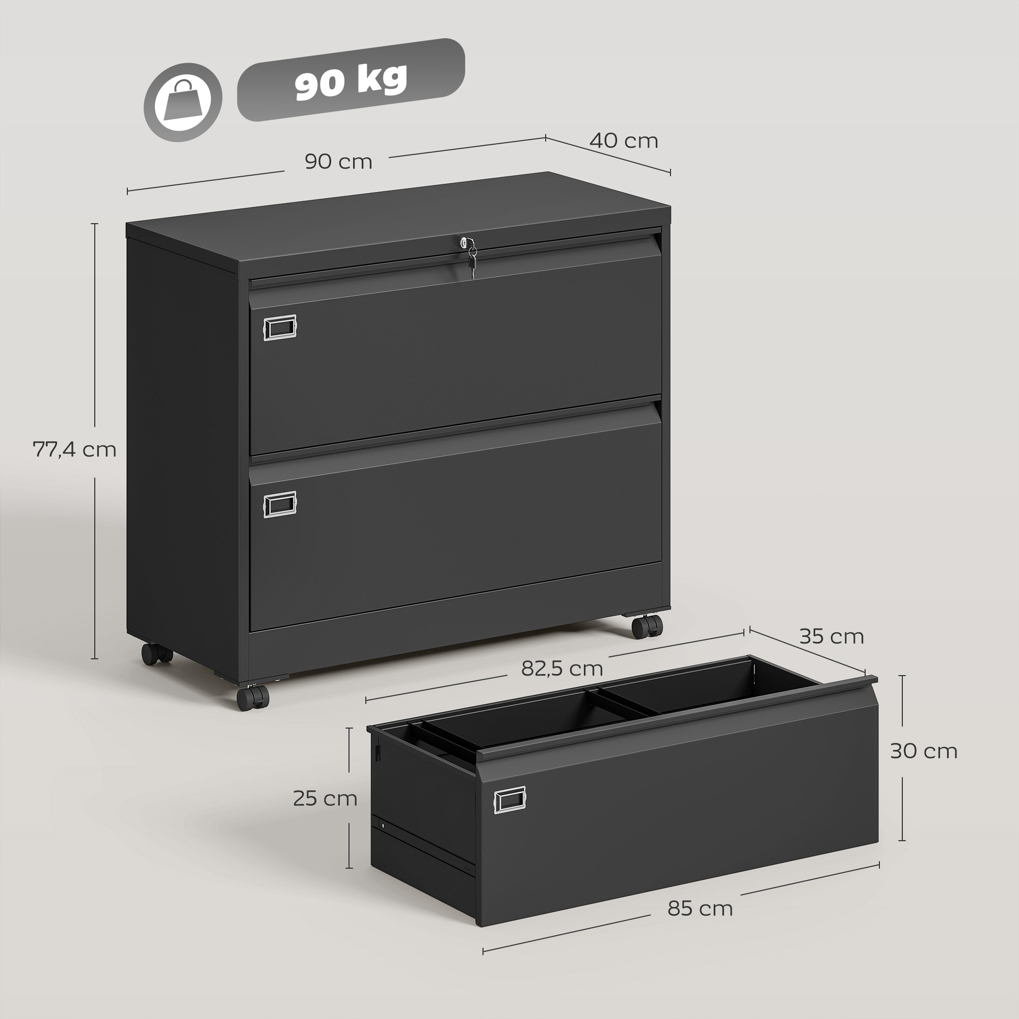 Rollcontainer mit 2 Schubladen abschließbar Aktenschrank mit verstellbarem Hängeregistratur 90 x 40 x 77,4 cm Schwarz