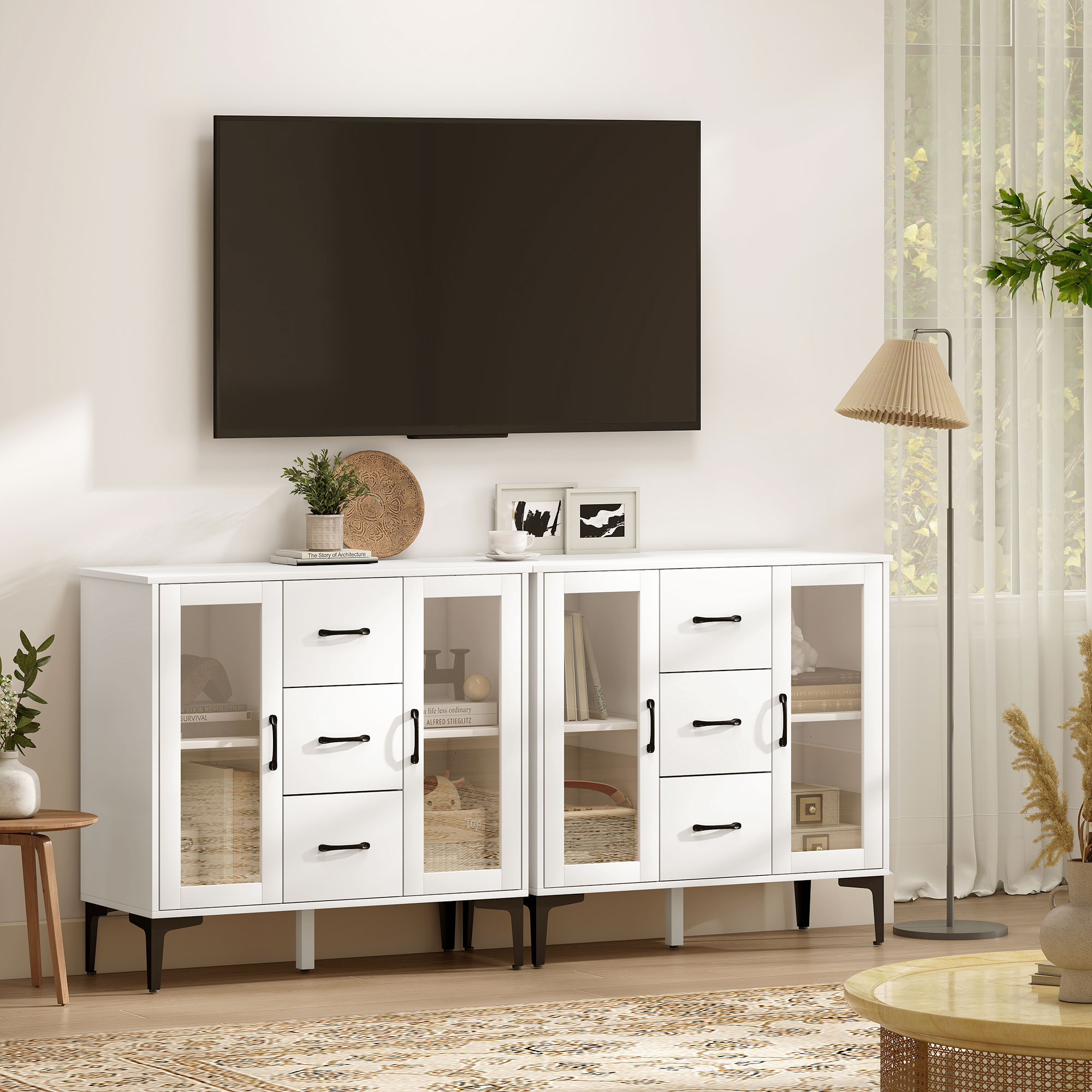 Modernes Sideboard mit Soft-Close-Türen, Buffetschrank mit 3 Schubladen, 2 Glastüren, verstellbare Regale, MDF, Weiß