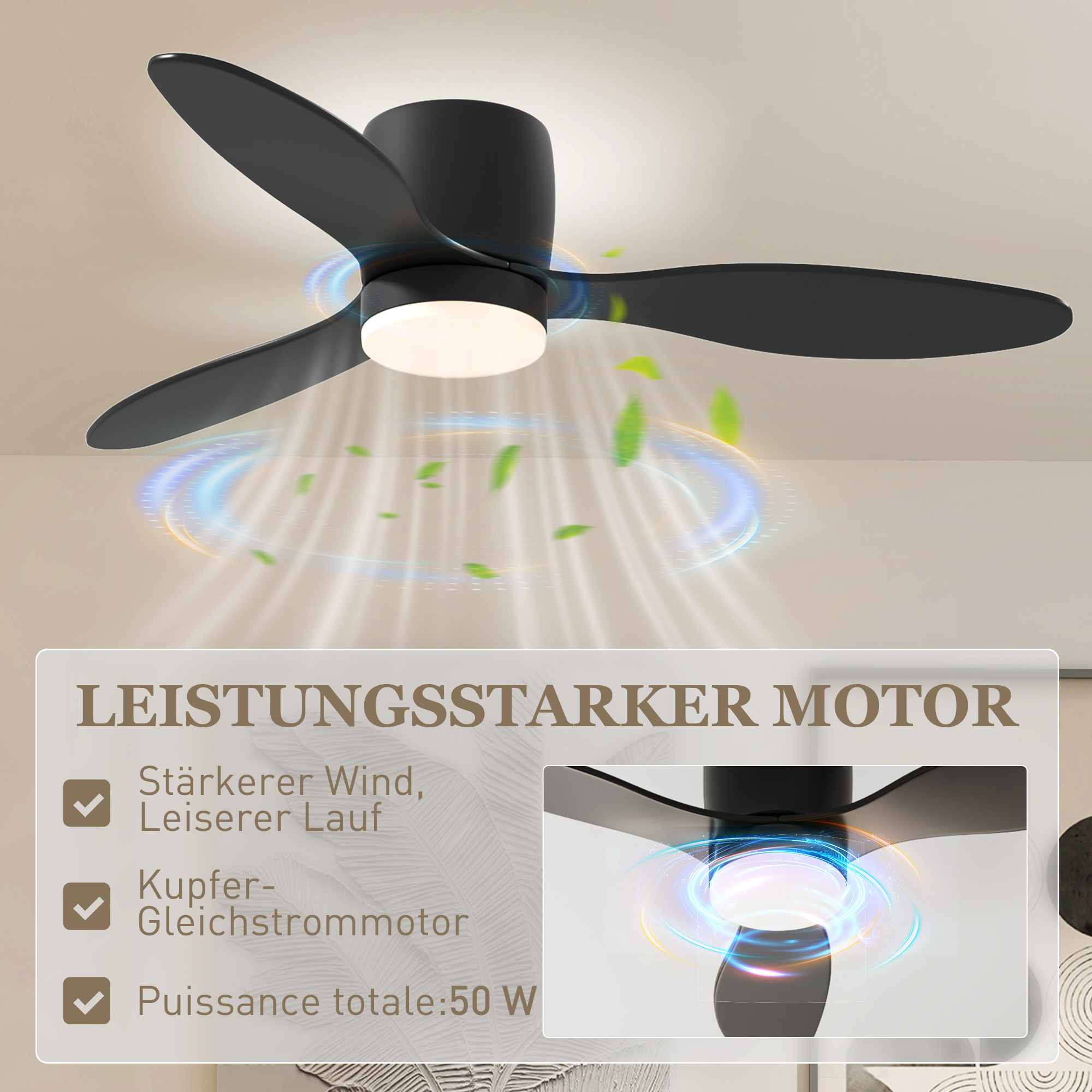Deckenventilator mit Lampe und Fernbedienung, 3 Lichtfarben, 6 Geschwindigkeiten, Einstellbare Helligkeit, Schwarz