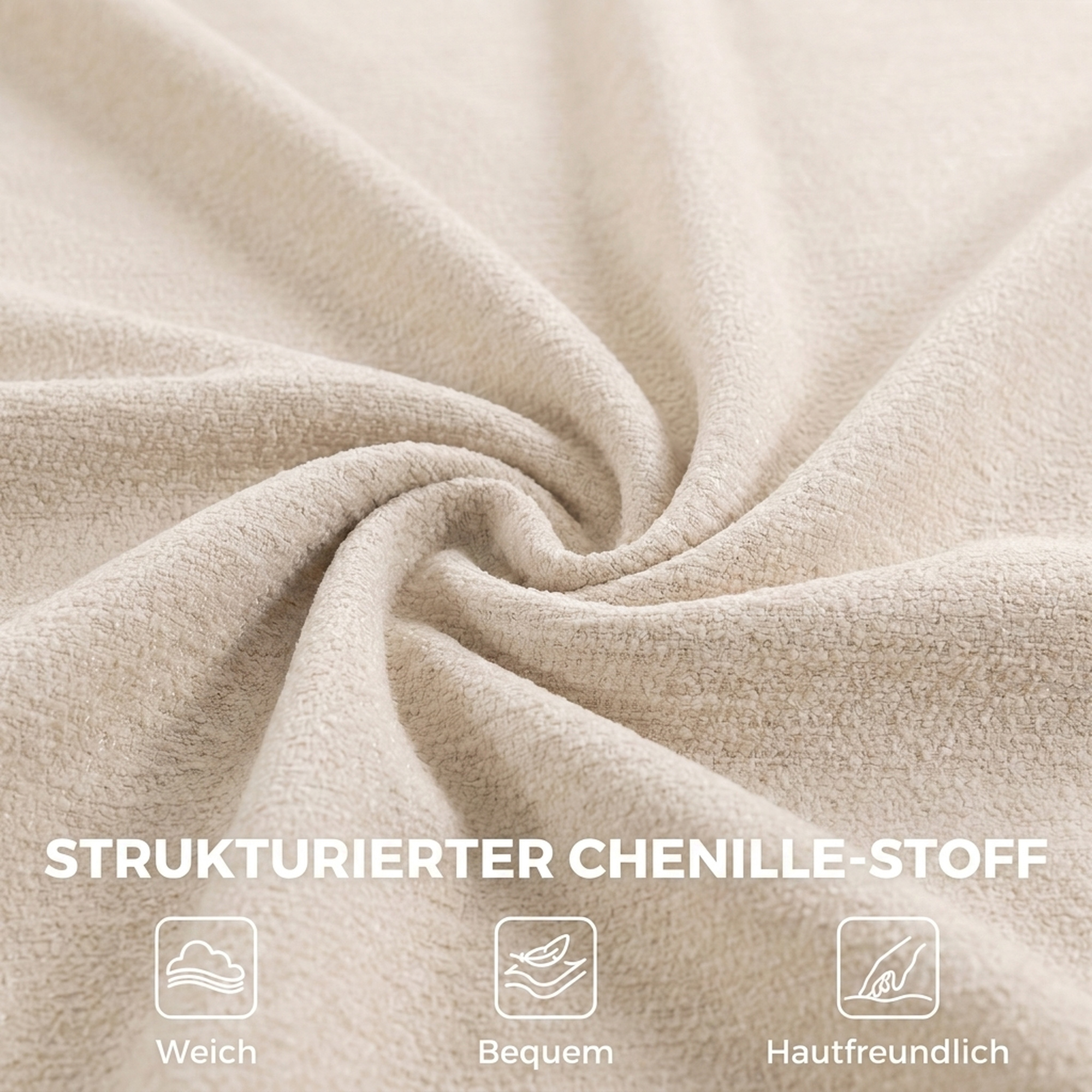 360° drehbarer Loungesessel mit Hocker, höhenverstellbar, Chenille-Bezug, mit Lendenkissen, Cremeweiß
