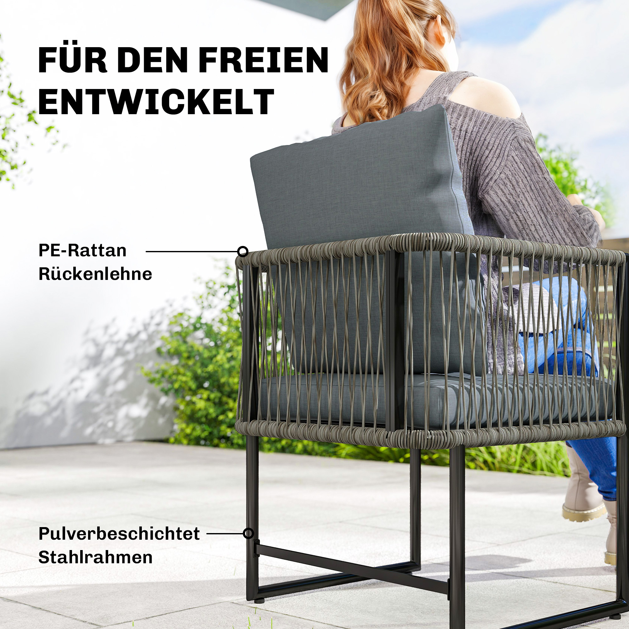Gartenstuhl 2er Set wetterfest Gartenstühle aus Stahl PE-Rattan mit Kissen Armlehne Rückenlehne 52x52x66 cm Dunkelgrau