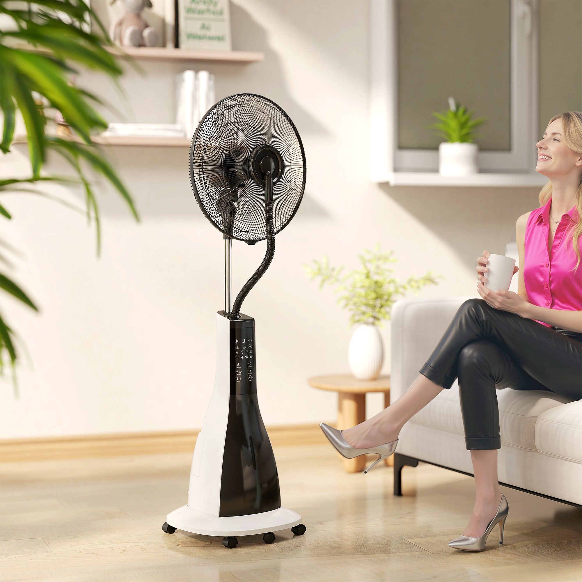 Ventilator mit Sprühnebel-Funktion, 75 Grad drehbar, 3 Geschwindigkeiten, 3 Modi, 3-Liter-Wassertank, Schwarz+Weiß
