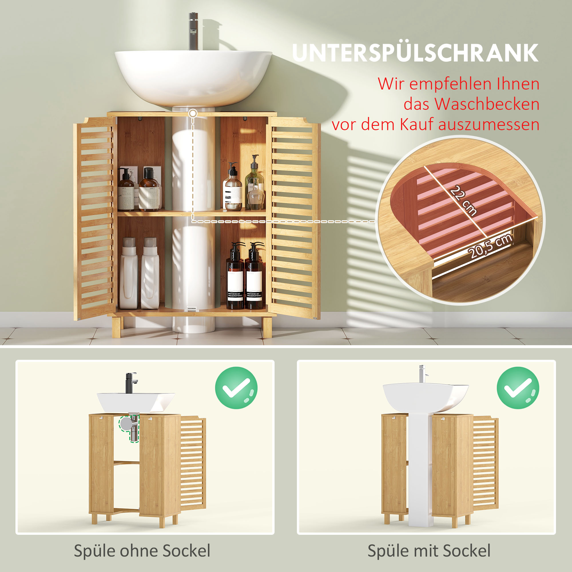 Waschbecken-Unterschrank für Badezimmer, Badschrank mit Lamellentüren, Bambusholz, verstellbare Regale, Natur