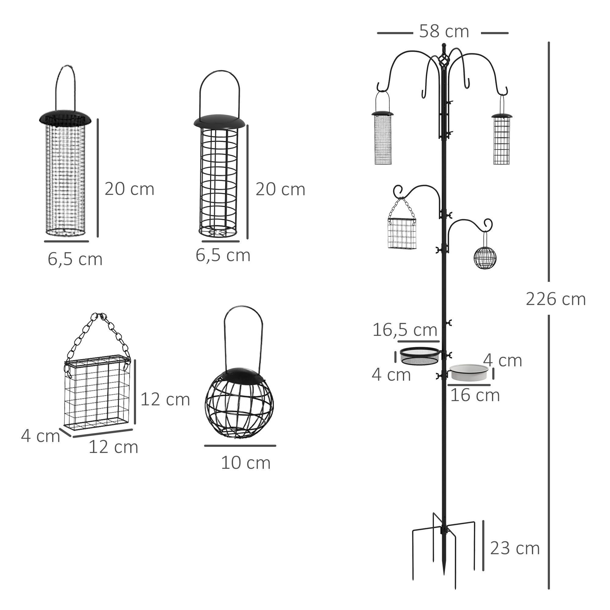 Vogel Futterstation 226 cm Vogelfutterstation mit 6 Haken, 4 hängenden Futterspendern Erdspieß, Freistehend