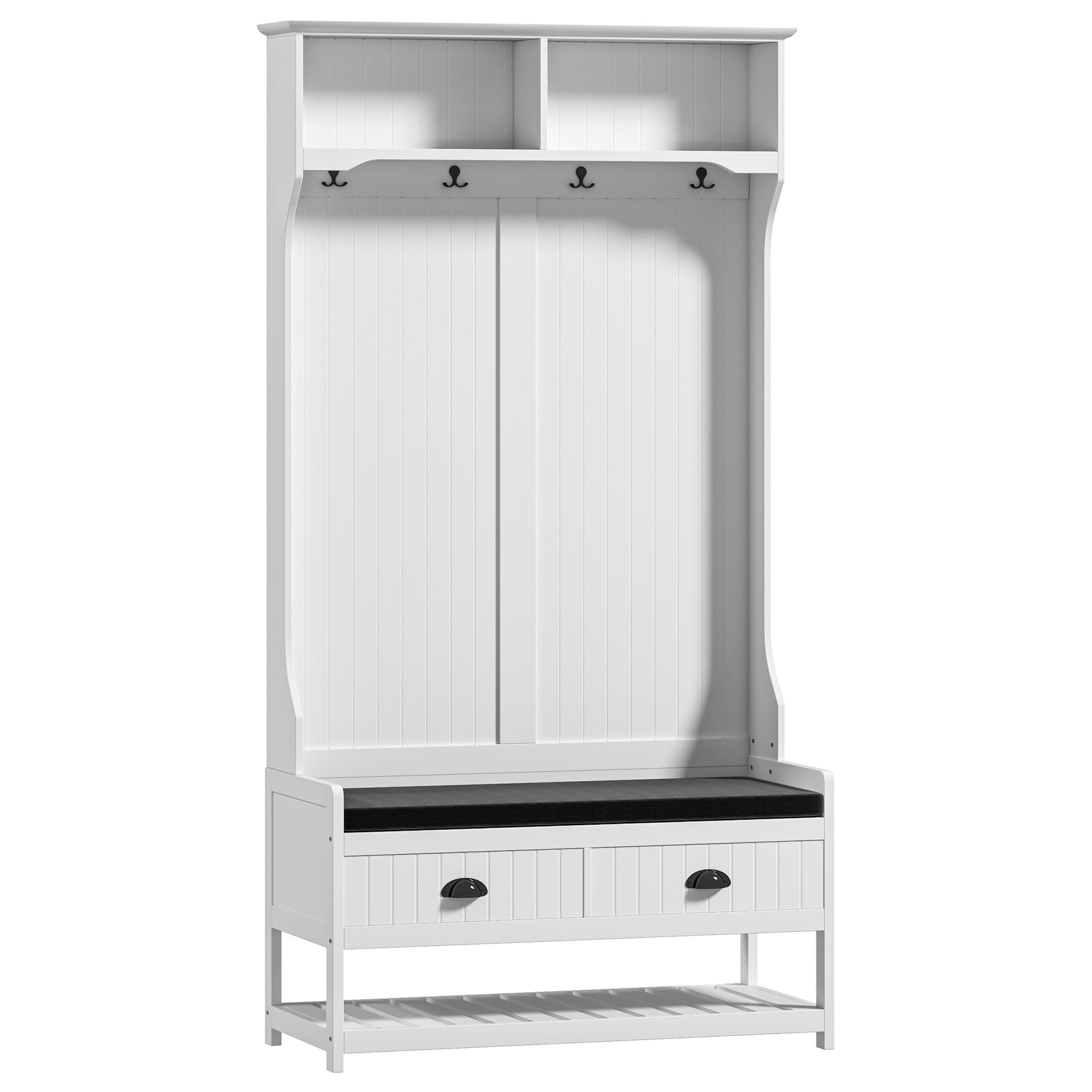 Garderobenständer mit Haken, Garderobe mit Schuhbank, für Eingangsbereich, Flur, Metall, MDF, Weiß+Grau