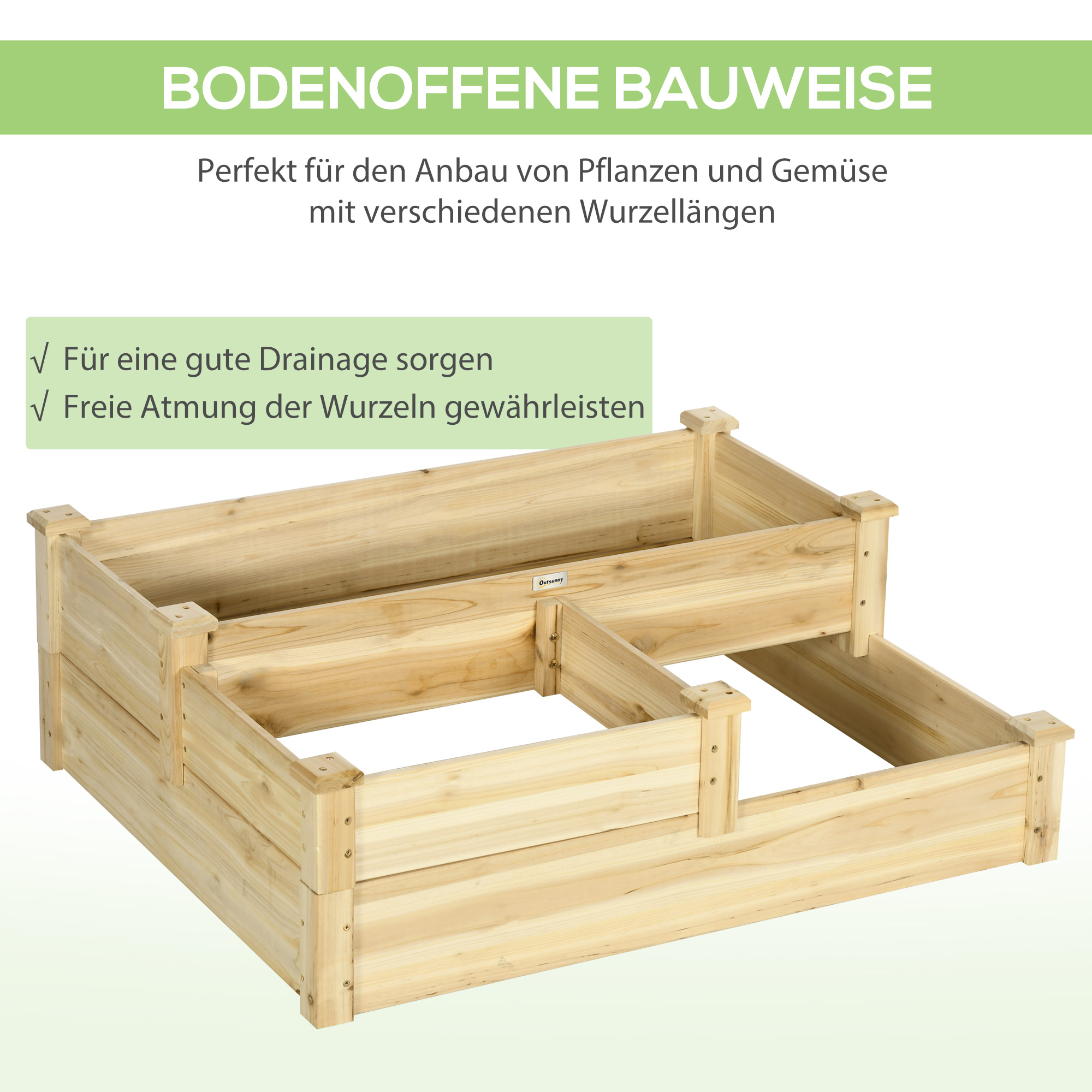 Hochbeet mit 3 Pflanzkästen, 3-stufiges Design, offenere Boden, 108 cm x 88 cm x 36 cm, Natur