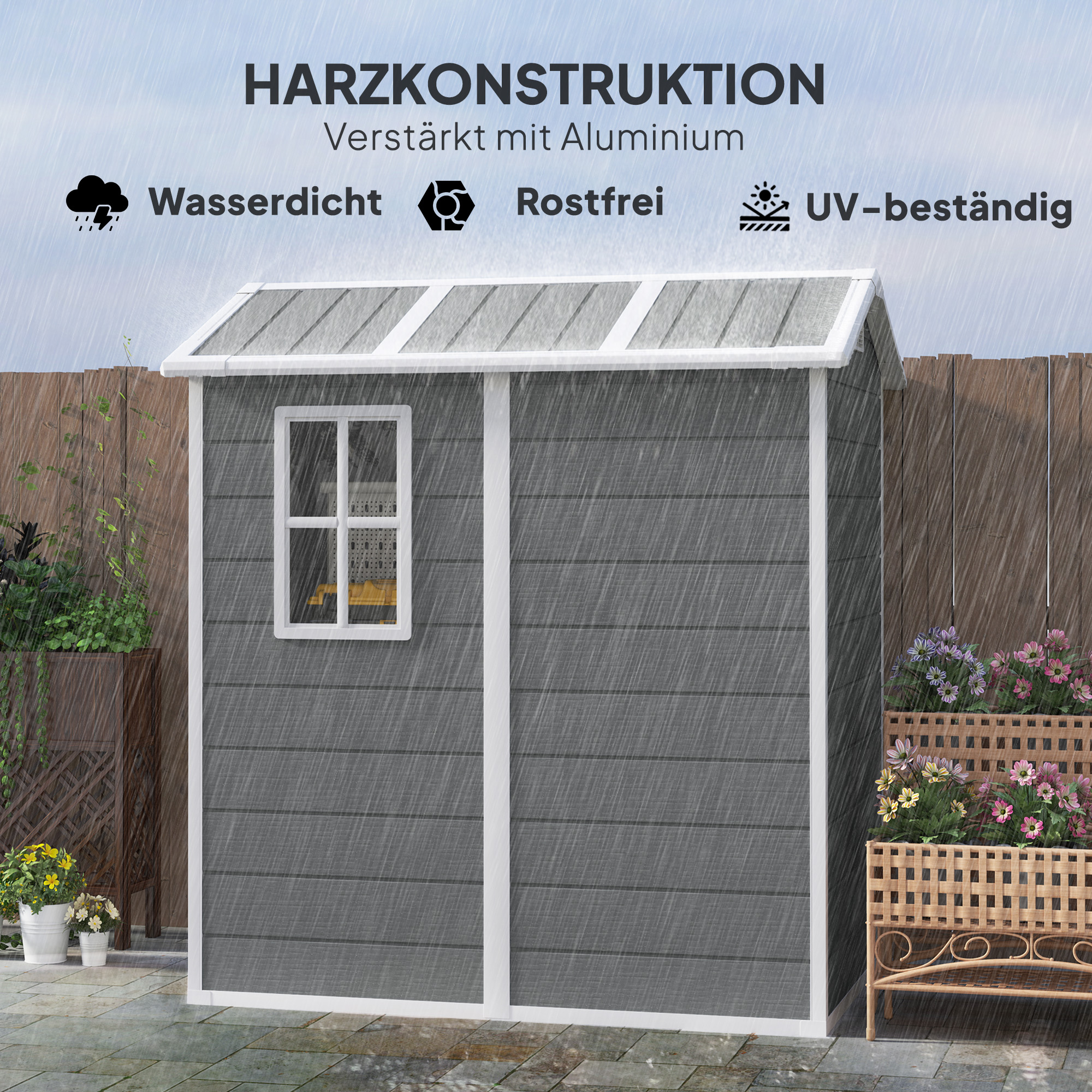 Gartenschuppen, Kunststoff-Gartenhaus mit Boden, Fenster, verschließbare Türen, für Garten, 131B x 186T x 198H cm, Grau