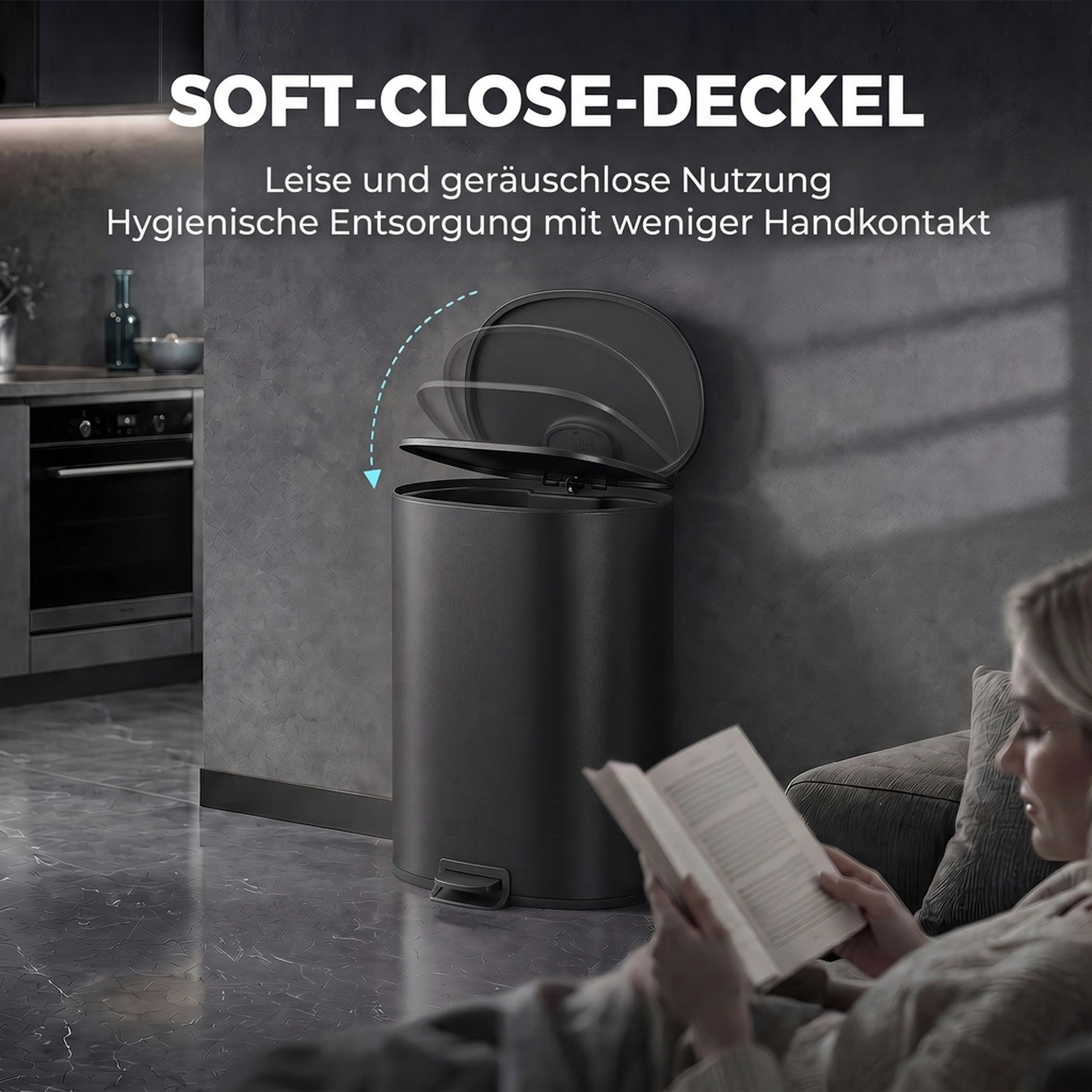 40 L Küchen-Tretmülleimer mit Soft-Close- und Offenhalte-Deckel, herausnehmbarem Inneneimer, Edelstahl, Schwarz