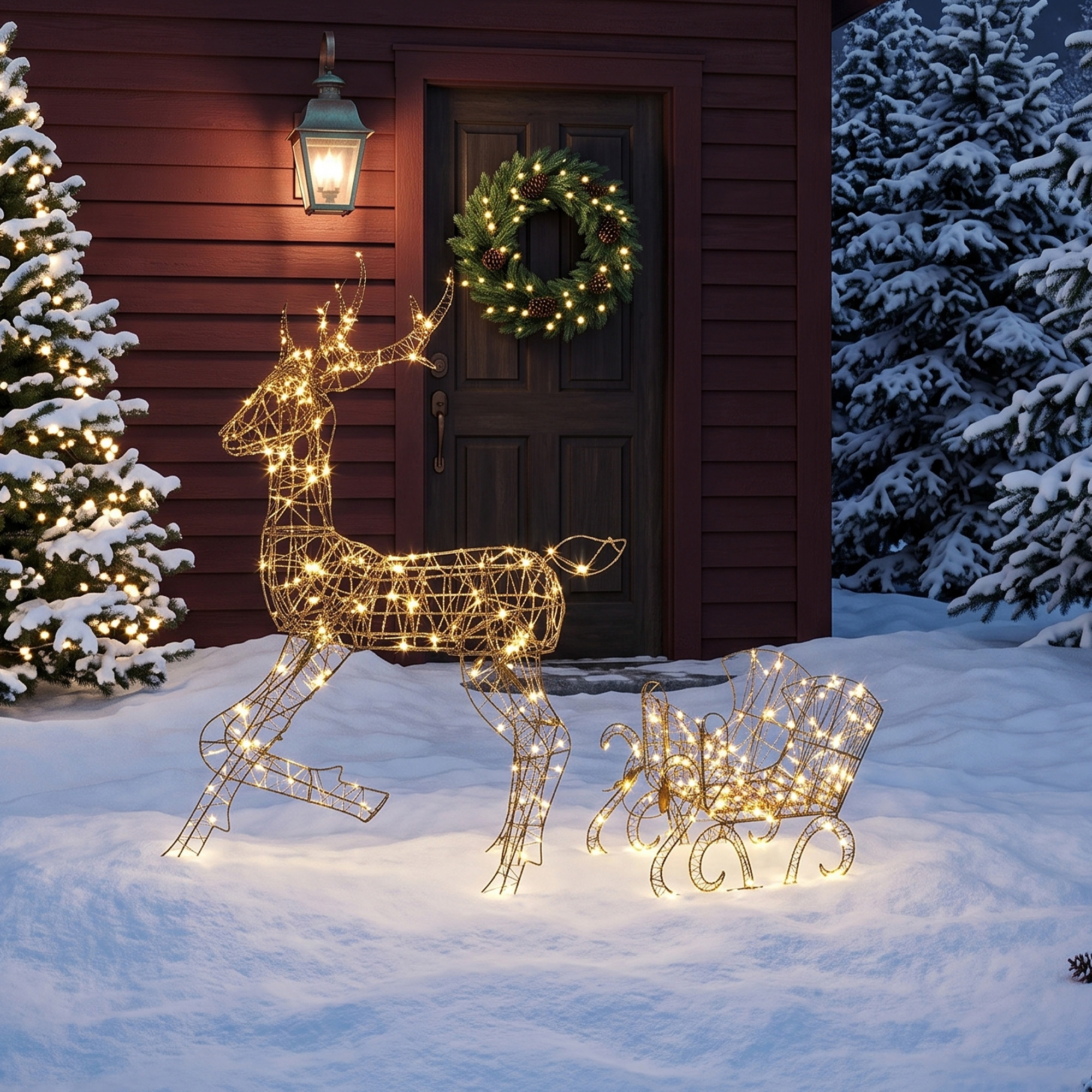 beleuchtetes Rentier- und Schlitten-Set, 2-teilige Weihnachtsdeko aus Polyrattan für außen, mit LEDs, 8 Modi, Timer