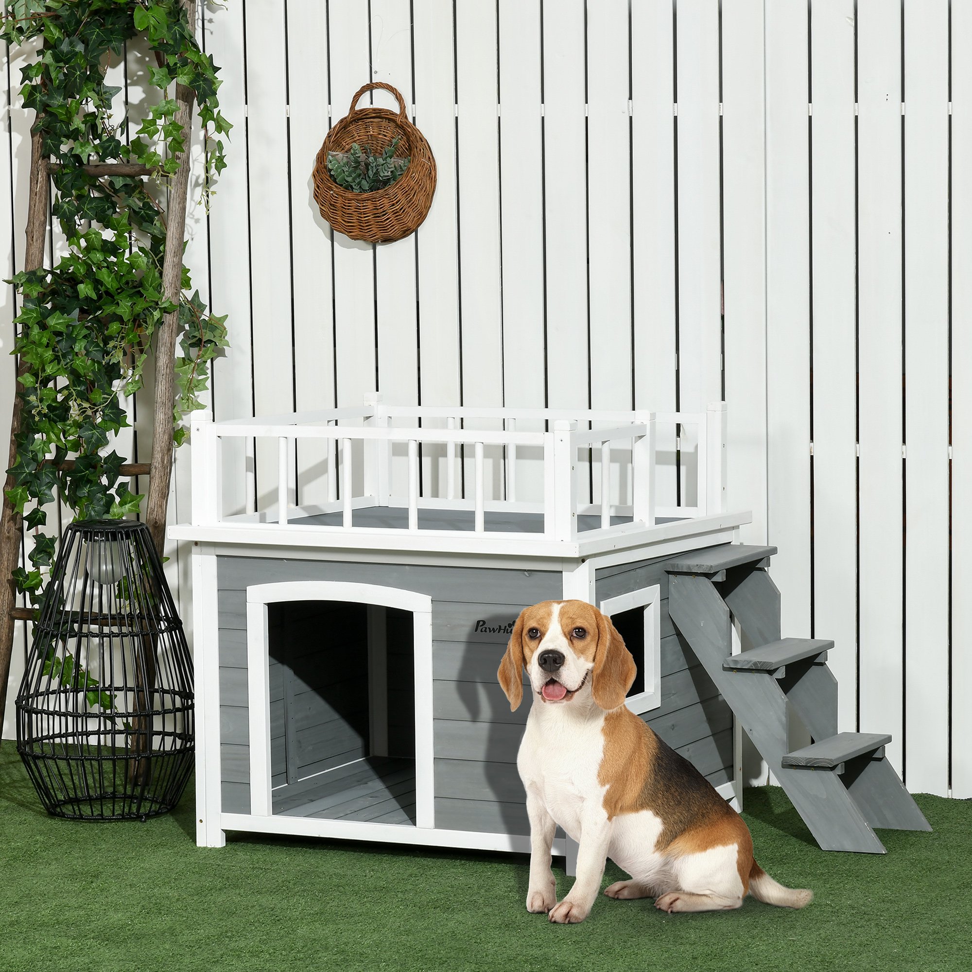 Hundehütte, Dachterrasse, Treppe, Fenster, Bodenabstand, Naturholz, hellgrau, 121 x 77 x 78cm