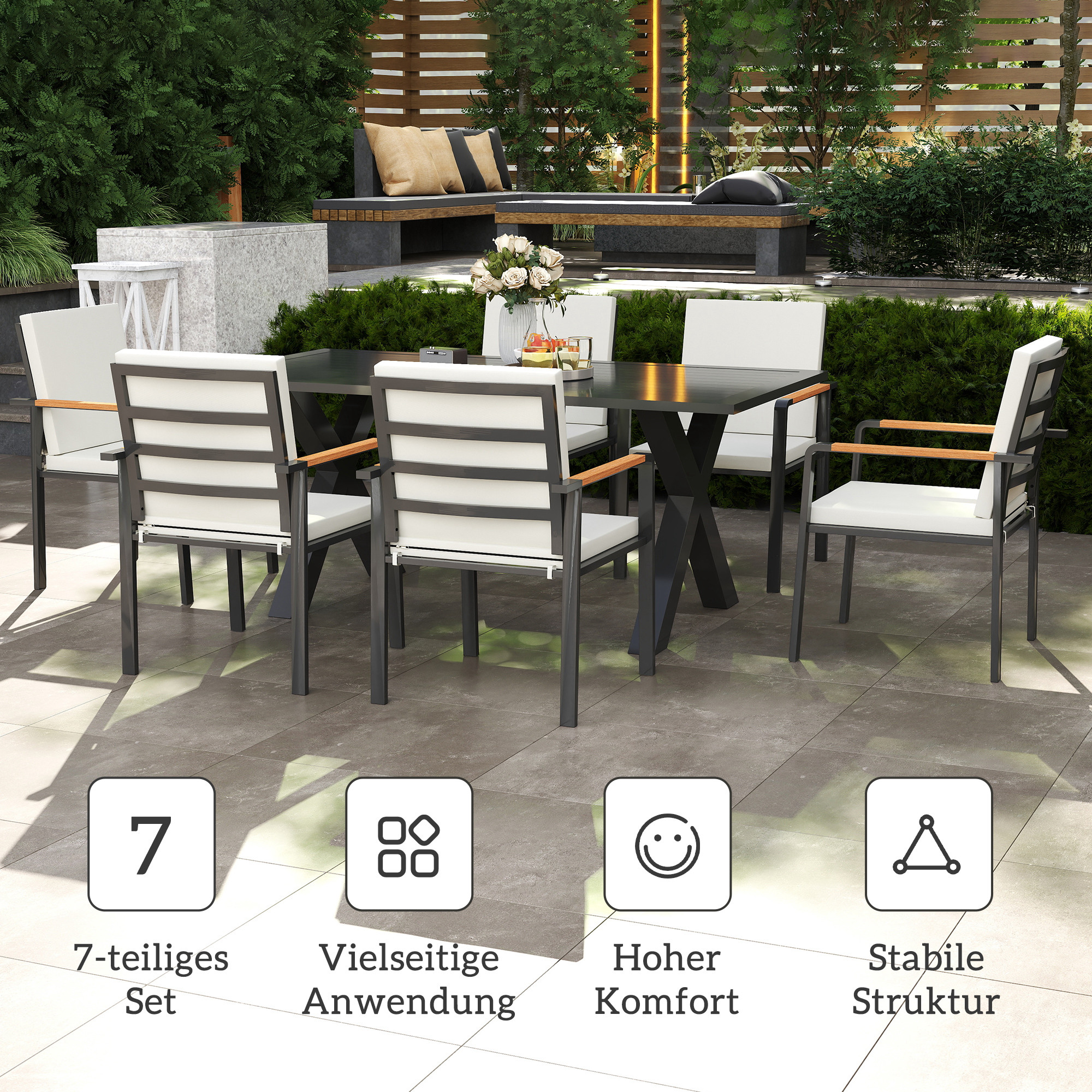 Gartenmöbel-Set für 6 Personen, 6 Stühle, 1 Tisch, wetterbeständig, 175 cm x 92 cm x 73 cm, Schwarz + Grau