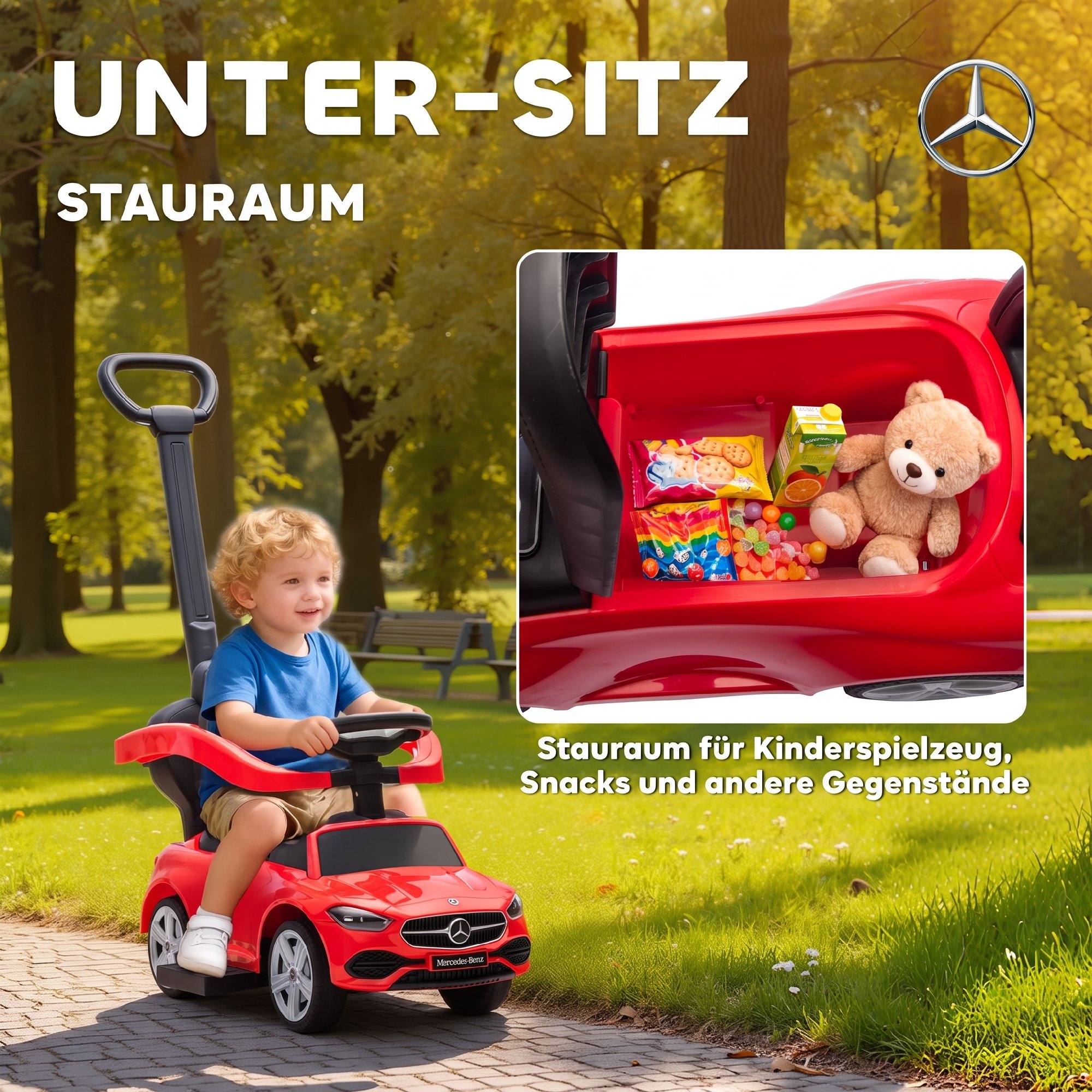 Rutschauto mit Schiebstange 2-in-1 Rutschfahrzeug mit abnehmbarem Griff, Sicherheitsgeländer, Stauraum, Hupe & Lenkrad