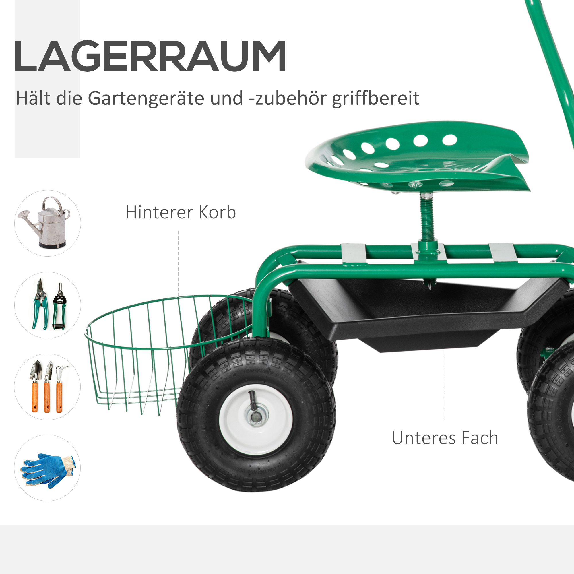 Gartenwagen mit Rollsitz bis 150 kg mit Ablage Korb für kleine Gartengeräte Werkstattwagen fahrbar Gartensitz Richtung steuerbar Sitzhöhe 46-59 cm höhenverstellbar Metall Gummi Grün