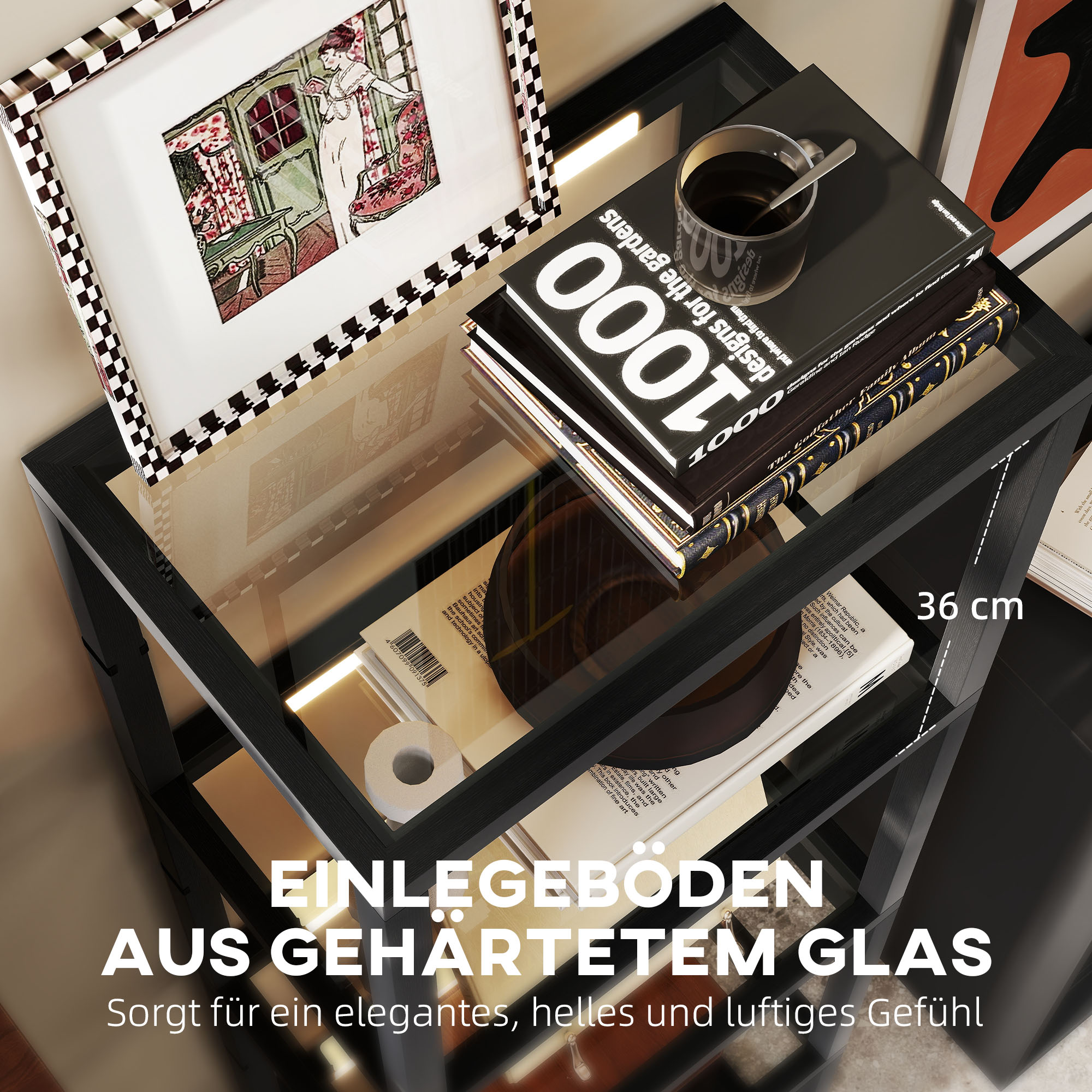 LED-Stehlampe mit 4-stufigem Regal, Leuchtregal mit 4 Glasfächern, Fußschalter, MDF, Schwarz