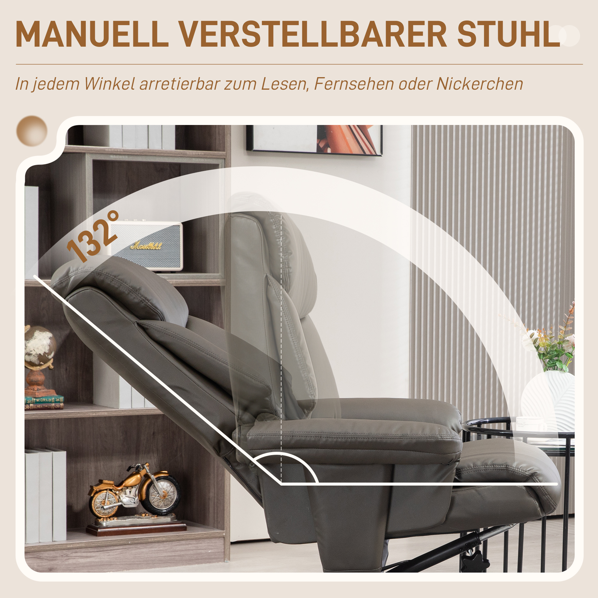 Relaxsessel mit Hocker, Rückenlehne verstellbar, Kunstleder, bis 150 kg, Grau