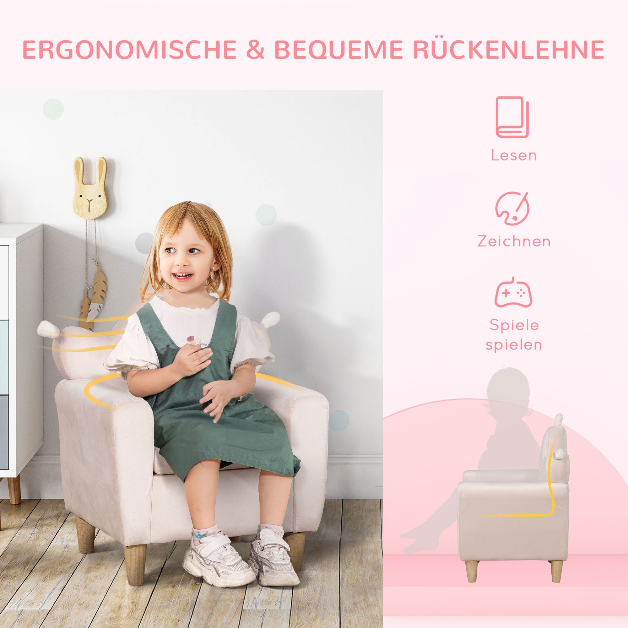 Kindersessel für Kinder 3-5 Jahre, weicher Stoffbezug, Rahmen aus Eukalyptusholz, 50 x 42 x 58cm, hellrosa