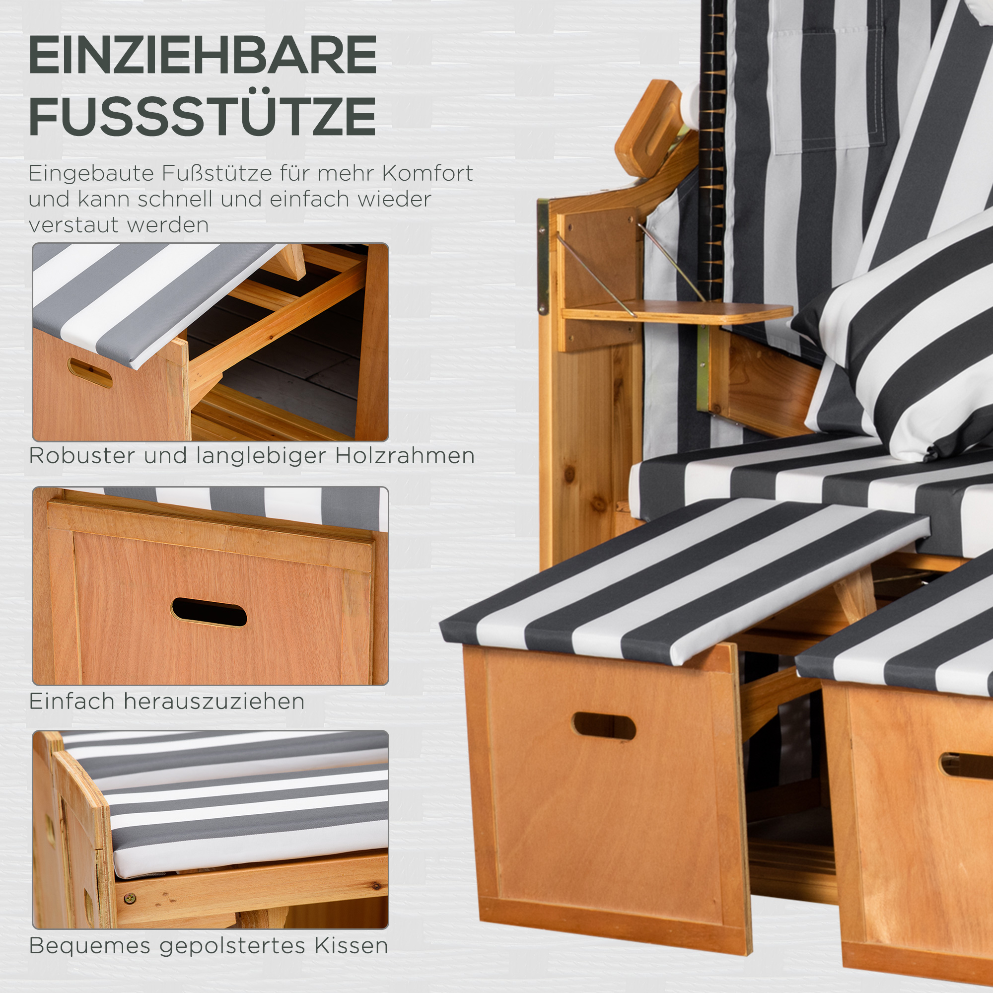 Strandkorb mit Fußstützen, Klapptisch und Nackenrollen, Outdoormöbel, Natur + Grau + Weiß