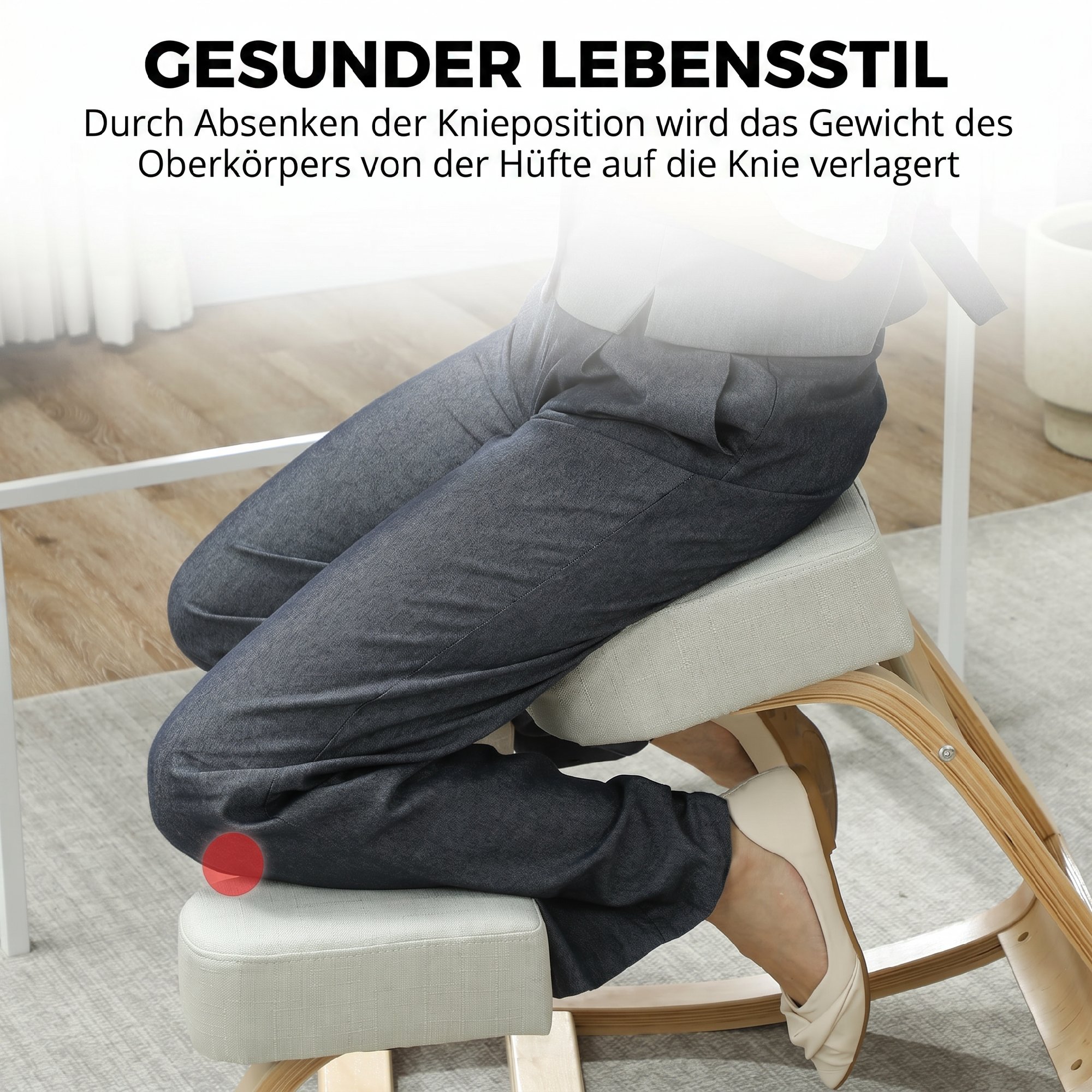 Kniestuhl, ergonomischer Sitzhocker, Polsterhocker für gesunde Sitzhaltung, Birkenholz, 120 kg belastbar, Cremeweiß